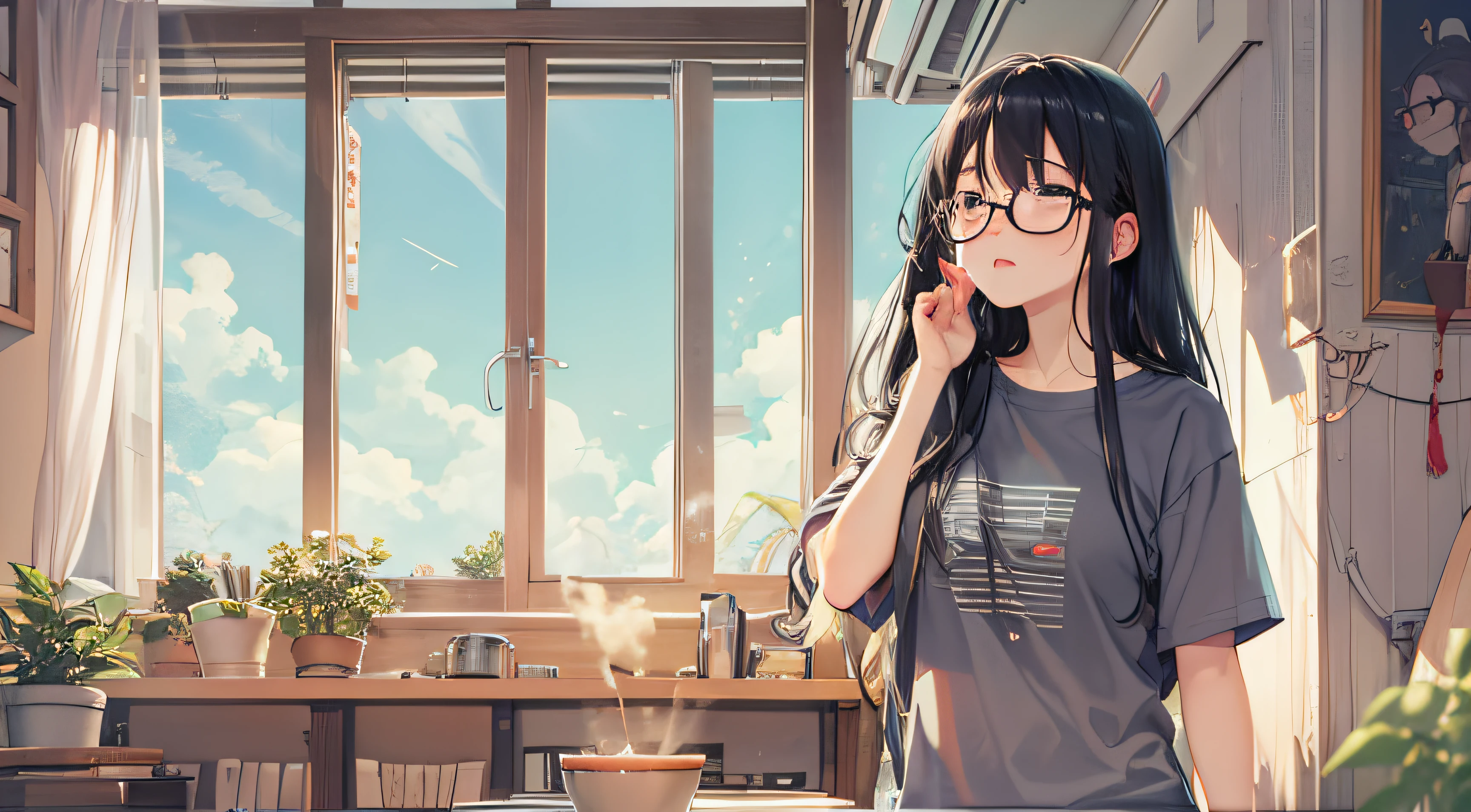Pretty girl with long black hair and glasses、is crying、Big T-shirt、look up to、up of face、in a house、Alone