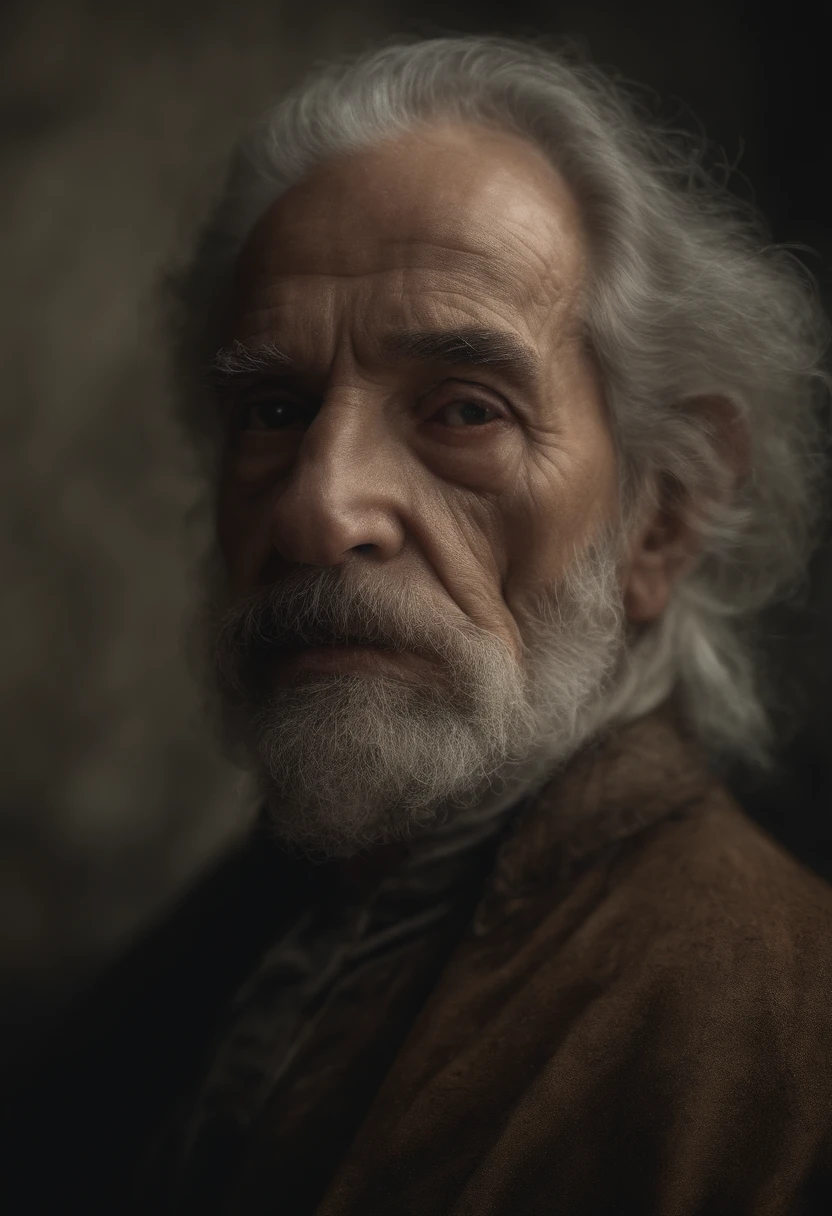 old man, Cadaveric appearance, cabelos grisalhos curtos, pale skin, Single Visible Right Eye That Glows Yellow, postura indiferente, penetrante, Olhar maligno, Casaco preto longo, Roupas rasgadas, Capa preta com penas de corvo nas costas, lado esquerdo do rosto coberto com faixas e um capuz, lugar escuro, terror.