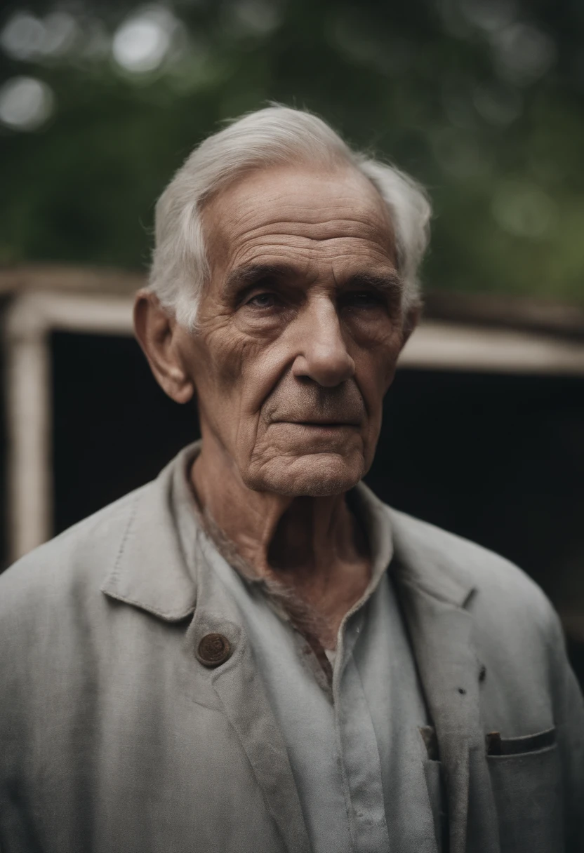 old man, Cadaveric appearance, cabelos grisalhos curtos, pale skin, Single Visible Right Eye That Glows Yellow, postura indiferente, penetrante, Olhar maligno, Casaco preto longo, Roupas rasgadas, Capa preta com penas de corvo nas costas, lado esquerdo do rosto coberto com faixas e um capuz, lugar escuro, terror.