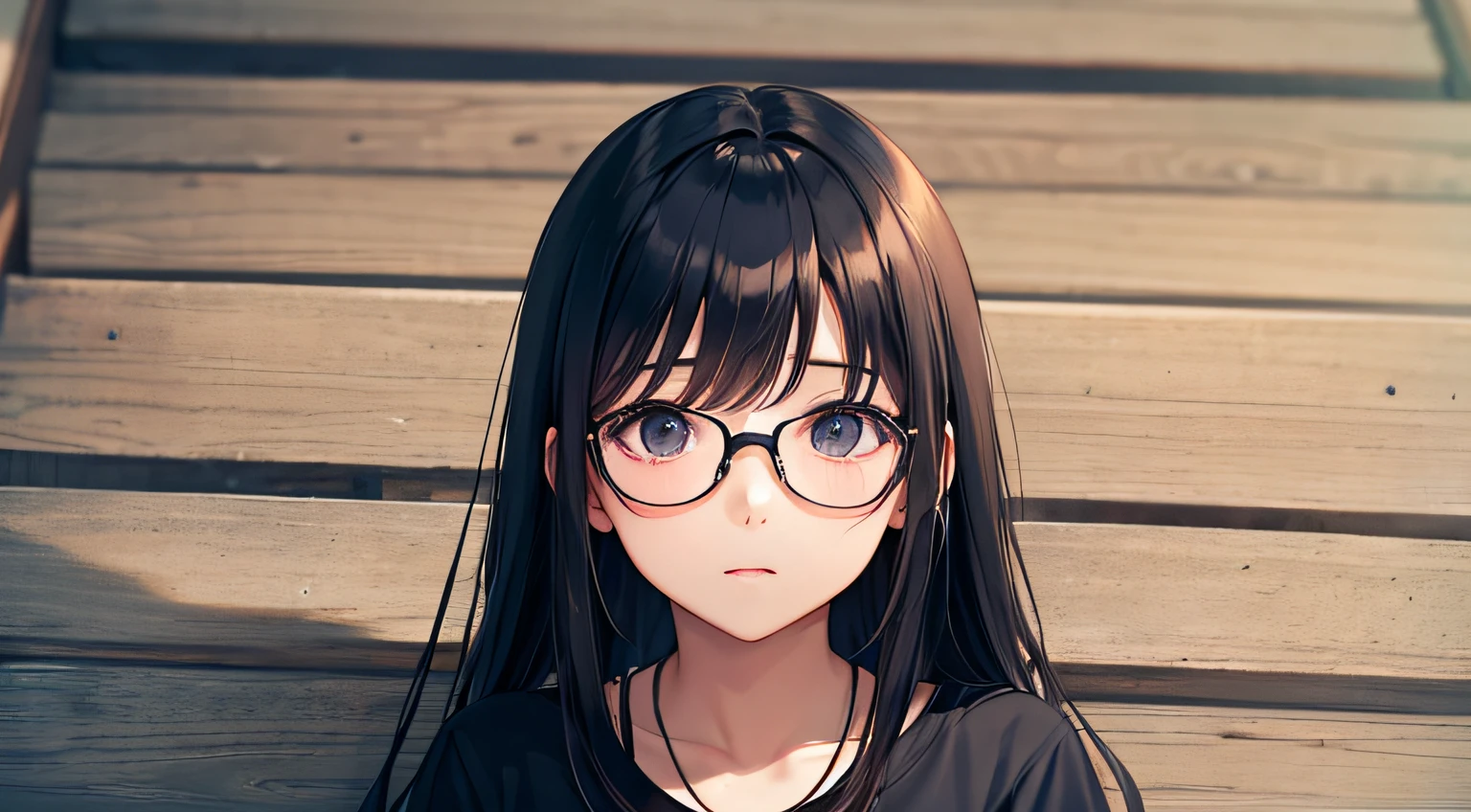 Cute girl with long black hair and glasses、I'm in trouble、Big T-shirt、look up to、up of face、in a house、Alone