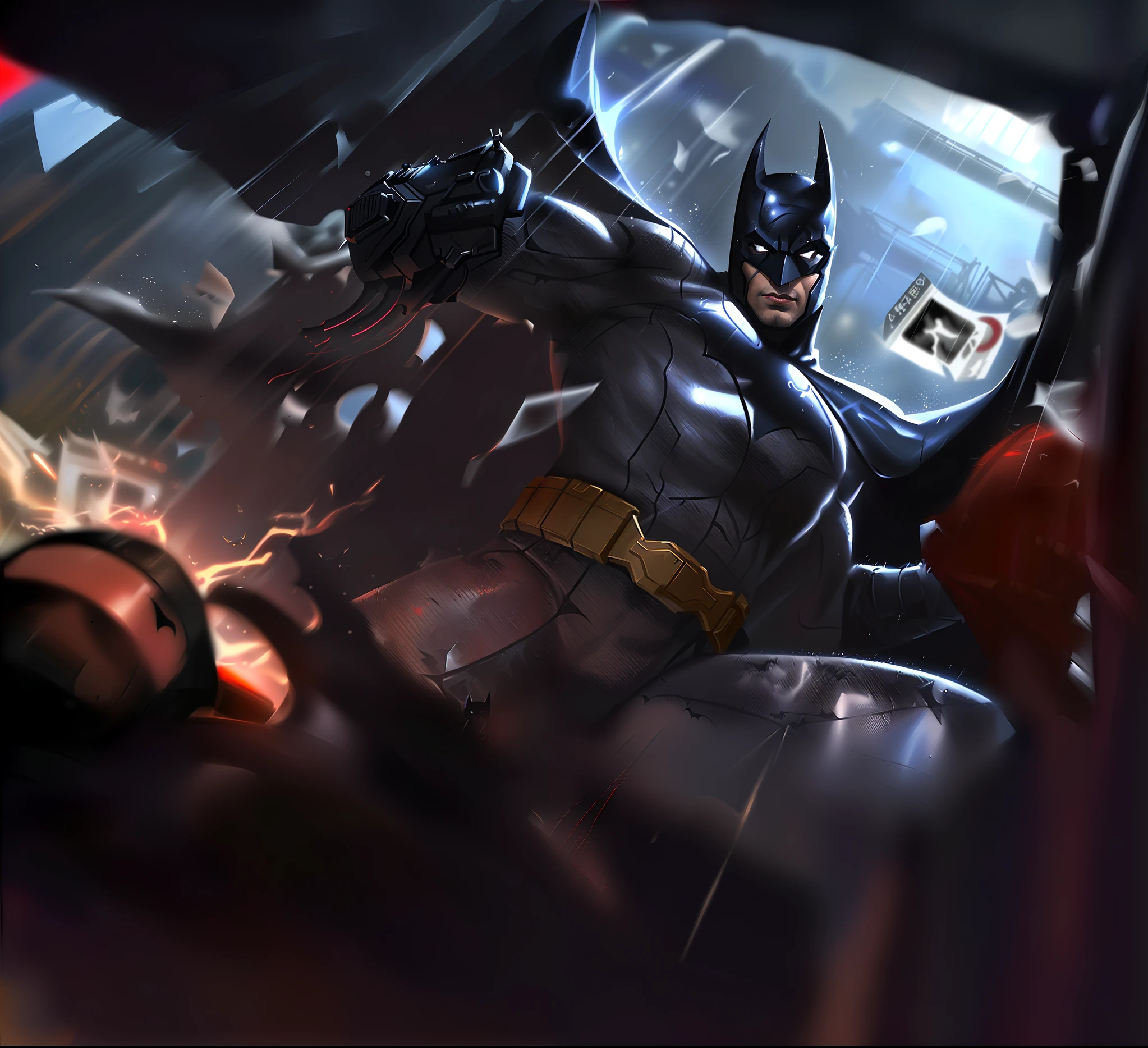 batman in the rain with a bat and a red jacket, iconic character splash art, batman portrait, batman, portrait of batman, batman wielding axe, fanart best artstation, anigirl batman, batman mecha, wojtek fus, bats splash painting, by Arthur Pan, the batman, from movie batman, in batman : arkham knight, official splash art, fan art