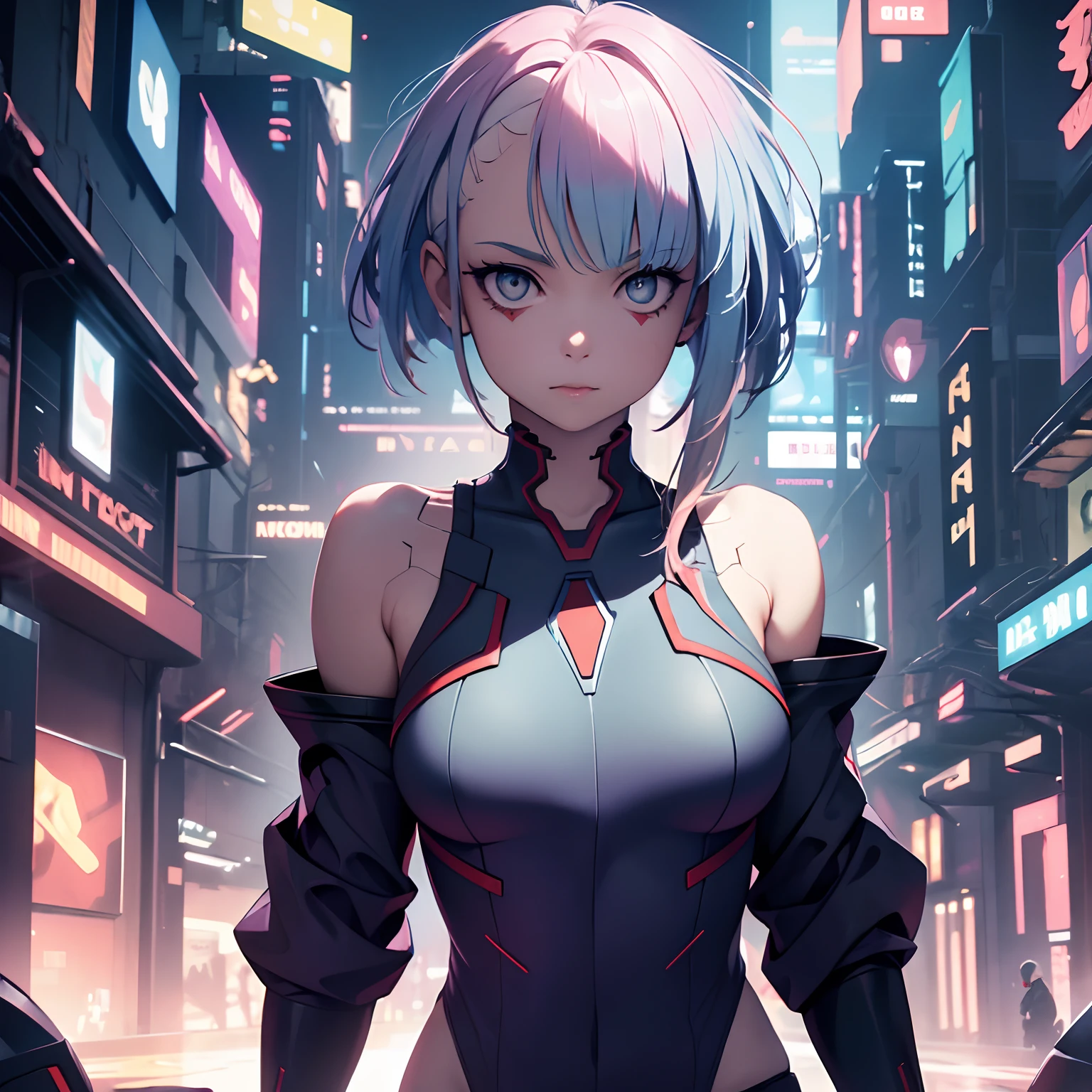 high resolution, highest quality, illustration, ultra detailed, (detailed face), (detailed eyes), cinematic lighting, best quality, hyper detailed, artwork, 1 girl, alone, gray eyes, short hair, multicolored hair, hair asymmetrical, belt, jacket, off-shoulder, swimsuit, highlighted sleeves, hip ventilation, luminous eyes, medium breasts, (colorful), standing, full body shot, in a futuristic cyberpunk city at night