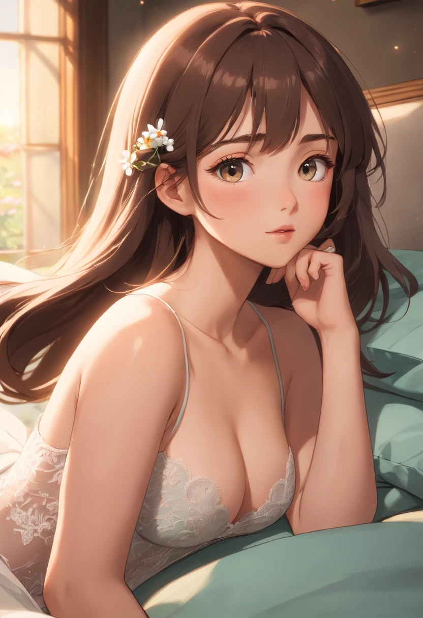 (best quality,4k,8k,highres,masterpiece:1.2),ultra-detailed,(realistic,photorealistic,photo-realistic:1.37),HDR,UHD,studio lighting,extreme detail description,professional,vivid colors,bokeh,natural lighting

A girl is lying naked in a luxurious bed, her body covered in a thin layer of sweat. The room is dimly lit by natural light from a large window, creating a serene and intimate atmosphere. The girl exudes an undeniable sense of sensuality and allure, with her silky hair cascading down her shoulders. Her deep, piercing eyes are captivating, and her lips are lush and inviting. The smooth curve of her back is accentuated by the soft sheets that surround her. The surrounding space is adorned with beautiful flowers and delicate lace curtains. Every detail of the girl's soft skin, delicate features, and the intricate patterns on the fabrics is rendered with utmost precision and realism. The image showcases a masterful blend of artistic composition and attention to detail, capturing the viewer's imagination and evoking a powerful emotional response.