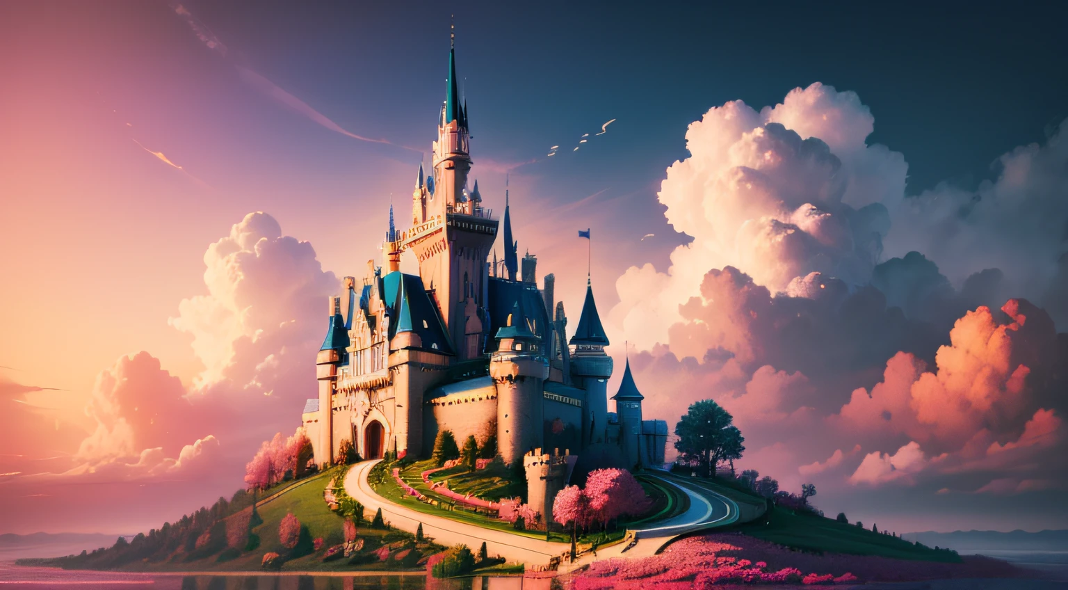 a discodifland with swirling clouds and flowers, (sky rose fantasy castle), (red roses), (ridiculous), dreamy, disney, painted by Thomas Kincaid, artstation, sharp focus, inspiring 8k wallpaper,