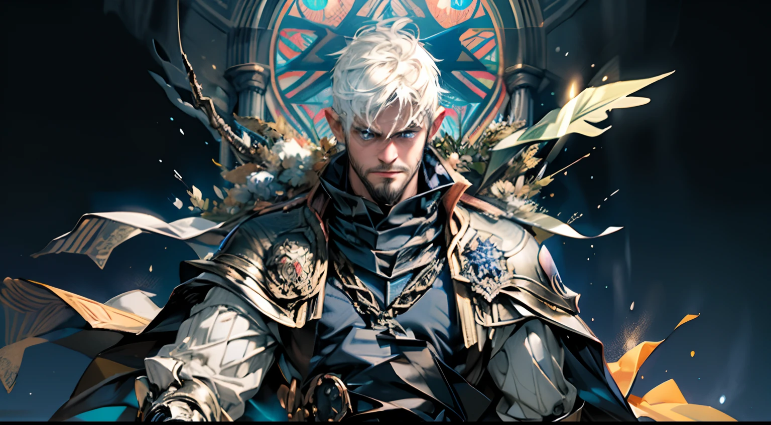 Highest quality, masterpiece, male, black super short hair, blue eyes, armor, cape, brightly colored, bright picture, paladin, muscular, short beard, mature, glowing particle special effects, church, national character face, tall, strong, rough face, falling feathers