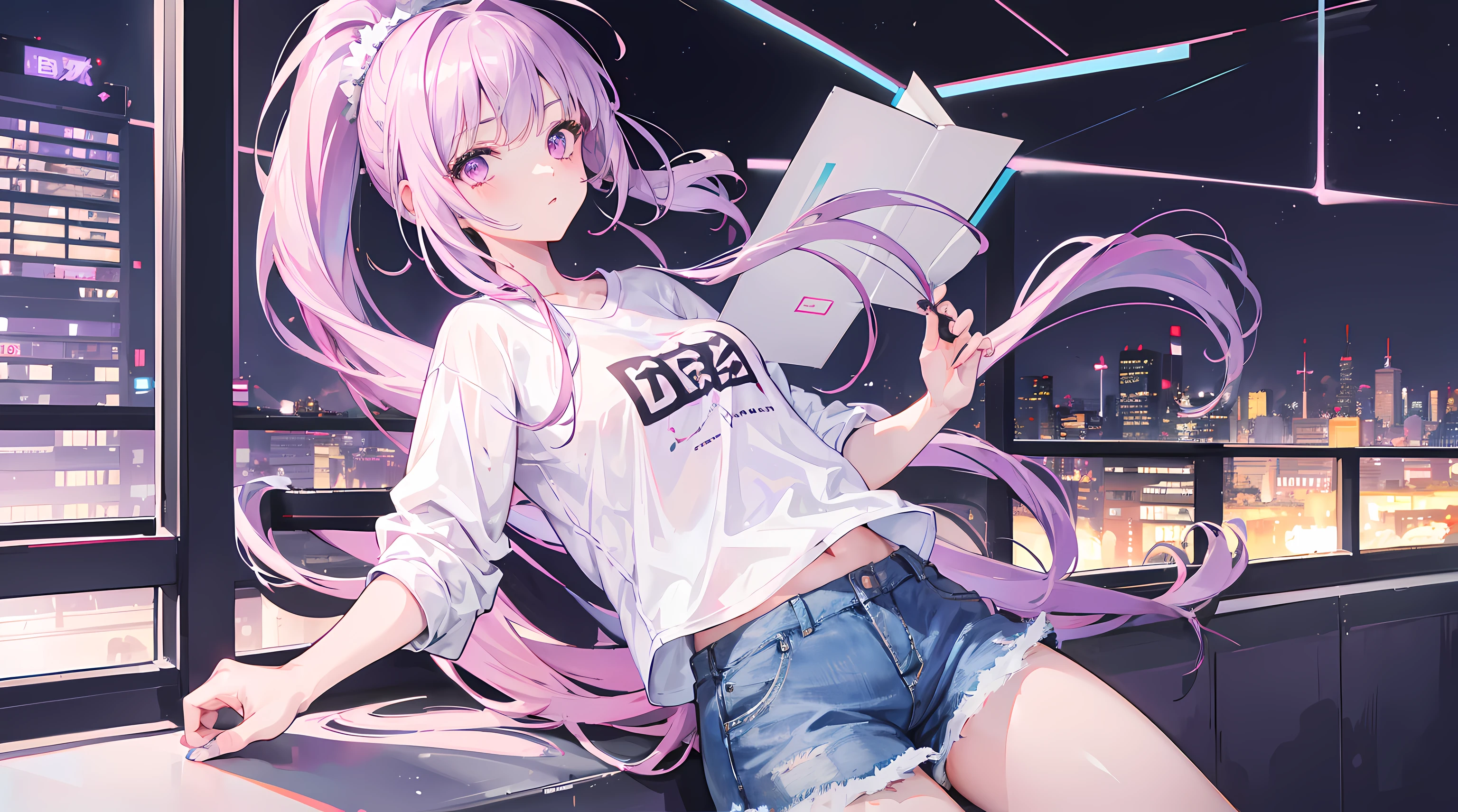 1girl, long lavender hair with ponytail, light pink eyes, short slanted fringe, wearing cute shirt, wearing headphone, denim shorts, city, absurdres, high res, ultrasharp, 8K, masterpiece, looking at viewer