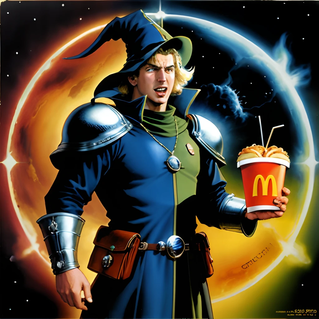 1990 style scifi art. Wizard. Scidi art. Grimace from McDonald’s