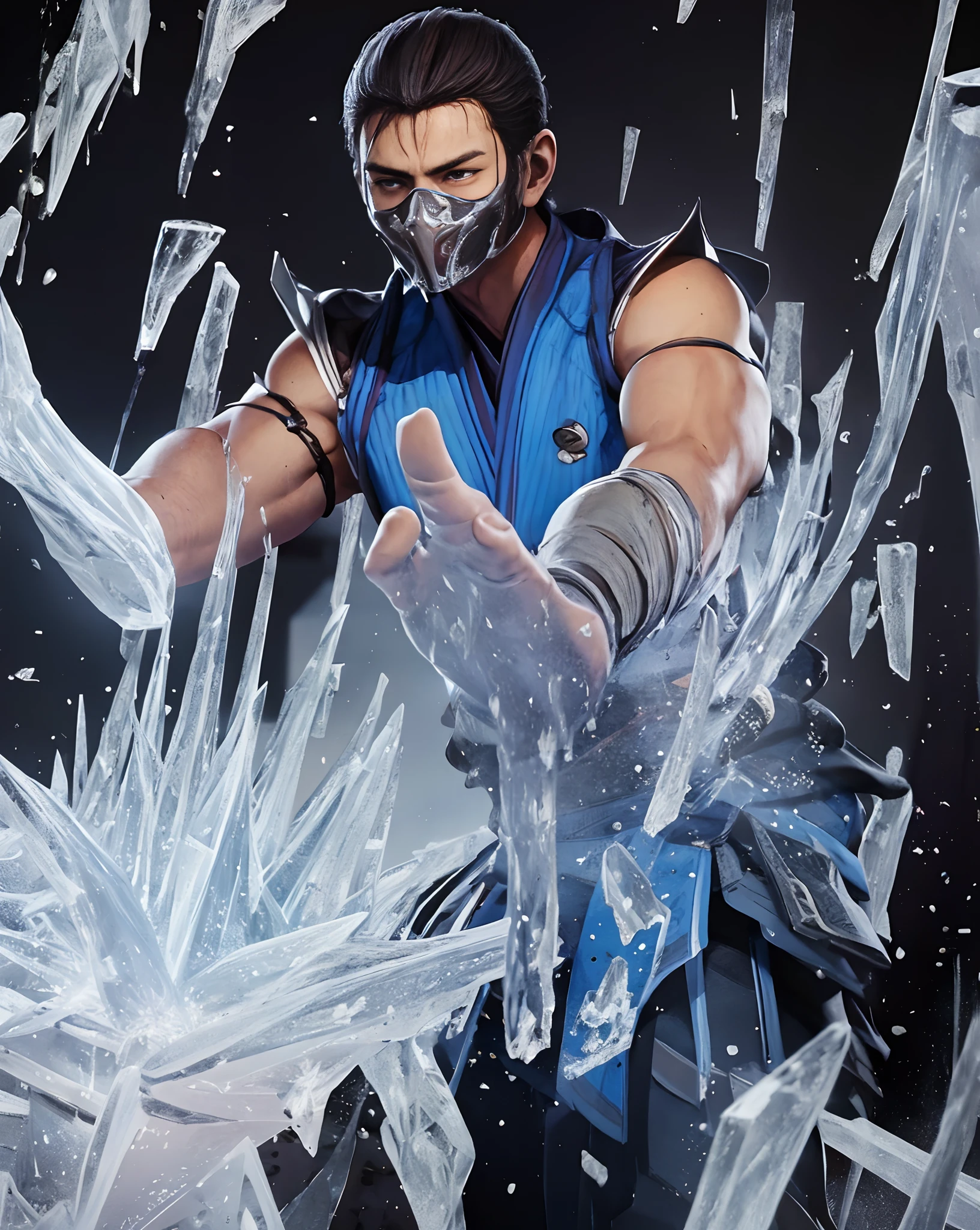 Grown-up guy, short black hair, high ponytail, Brown eyes, mask, blue shinobi kimono, Sleeveless, Sub-Zero, Cold, ice, blizzard, Battle-ax, Masterpiece, hiquality, 4k, HD, Good detail