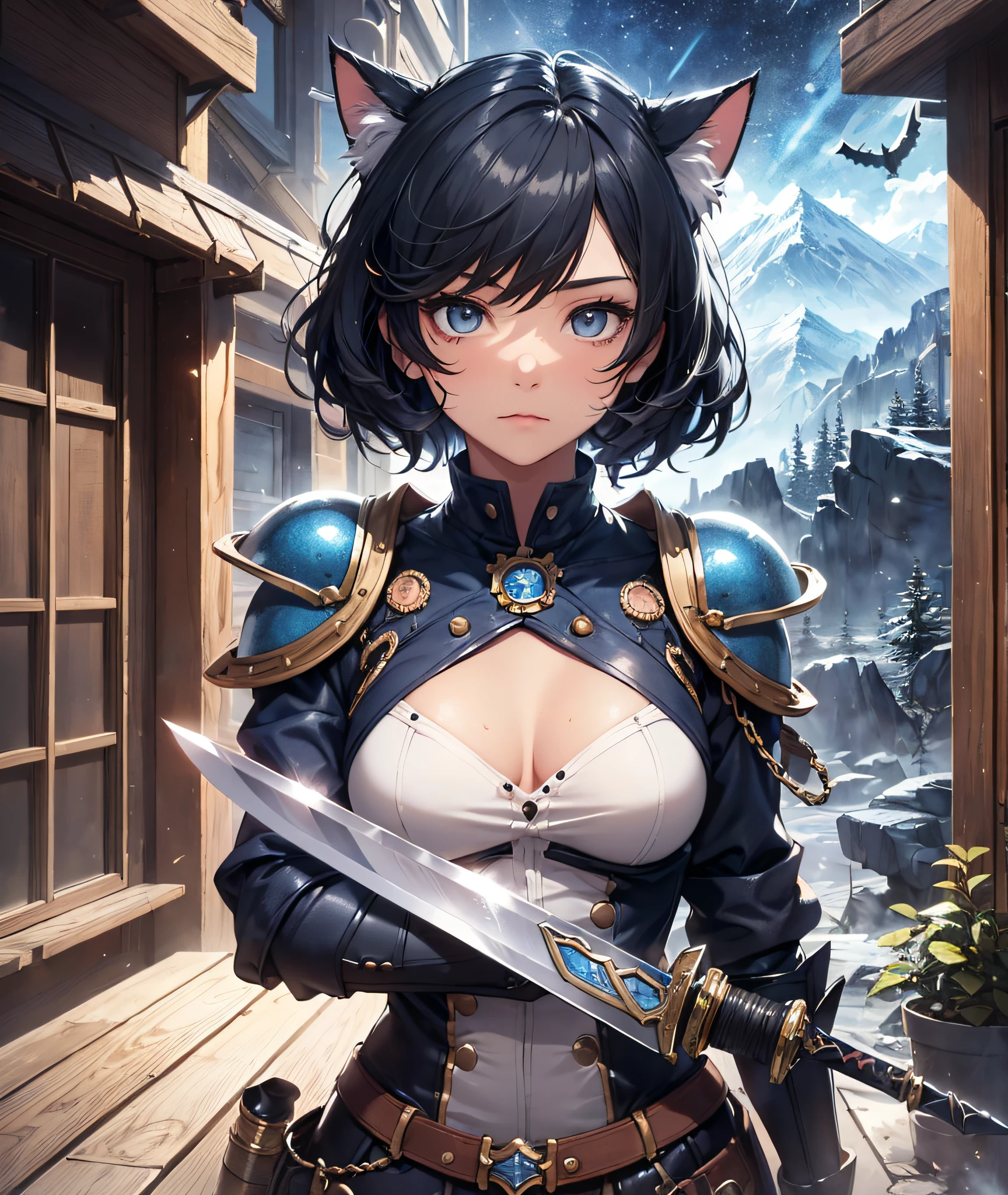 Beautiful detailed girl, Clear and beautiful, Character as the main point of view, radiant skin, girls, femele, young, 20yo, bobbed hair, Short Cut, short-hair, Beautiful detail glass hair, ((Wielding a big sword, Combat Posture)) ((Steampunk Iron Armor Costume, black, ashy)) Beautiful details, cold face, cold expression, beautiful-detailed eyes, Black eyes, Moderate chest, Black-eyed, Full-fledged skin texture, Very good 8KCG wallpapers, very fine 8K CG wallpaper, watercolor (medium), female warrior, Indigo hair, (((Full-body cut))), Cat's ears pink, Long knives, Big knife, Traditional sword, Wielding, Attacking Posture, Levitation, (((s whole body))), Show your whole body, (((dark, Dark Night, Deep Night))) ((Sky color: dark blue)) (((Natural Background, mountains, wood))), ((plein air))