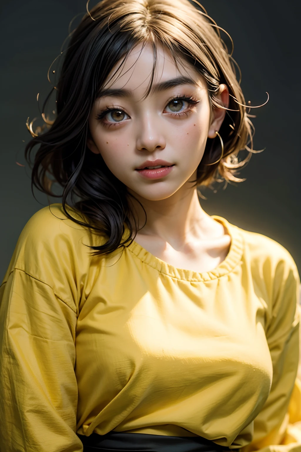 a japanese girl、Fancy face、low nose、large mouth、Shaved head、Dark eyeshadow and lipstick、Yellow shirt、bustshot、Thin laughter、Staring at the viewer