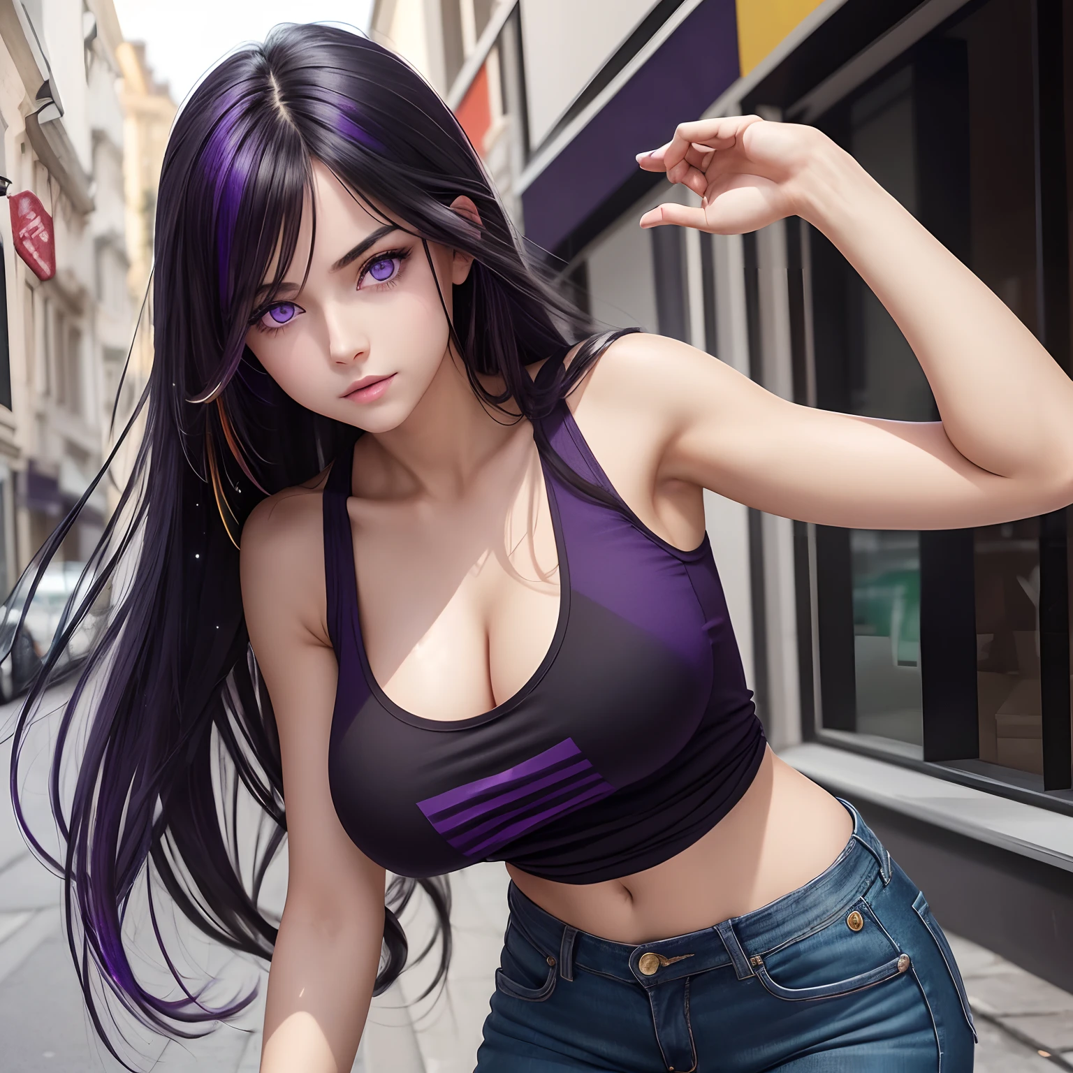 (masterpiece), best quality, expressive eyes, Goddess woman, 35 years, colored inner hair, cowboy shot, bokeh, close-up, from above the mouth down, seductive look, black sleeveless shirt, erotic, white belt, red lips, saliva