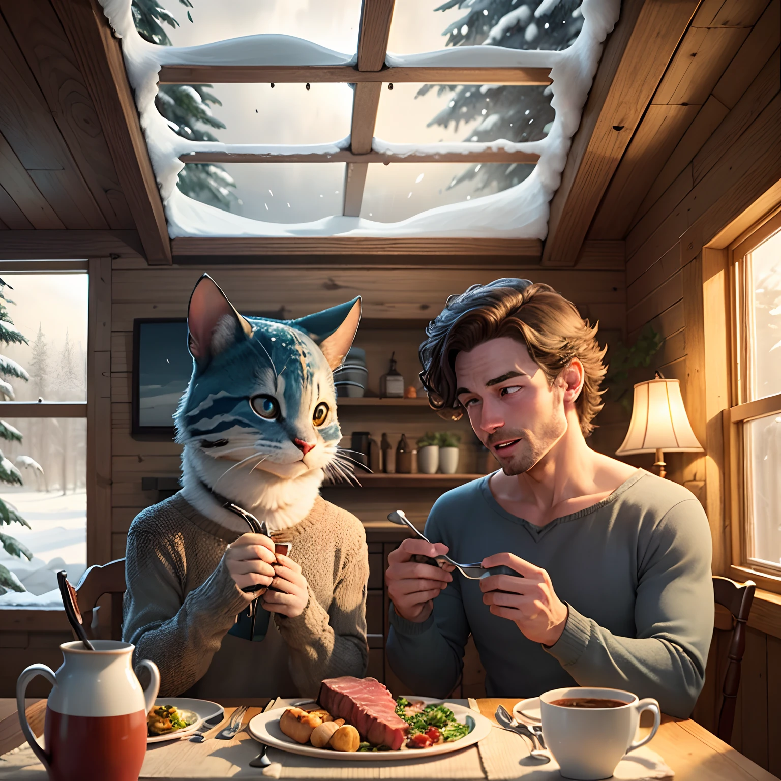 Make Tom and Jerry eating a steak dinner in a cozy cabin with snow coming down in the windows