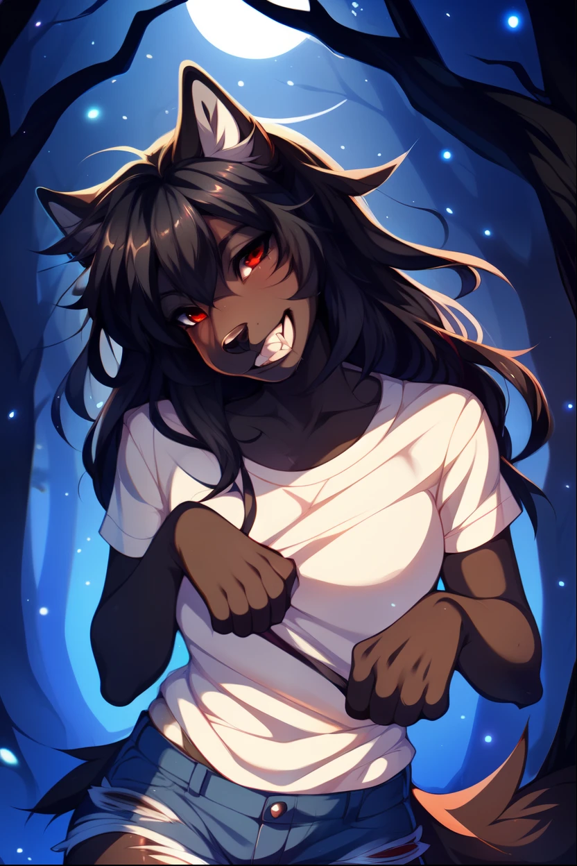 Solo:1.3, Natasha, dark grey wolf, cute snout, black nose, running in a forest, nighttime, red eyes, large sharp canine teeth,  messy hair, wearing ripped white t shirt, ripped shorts, ripped clothing, barefoot, by fumiko, by hyattlen, by tokifuji, grinning