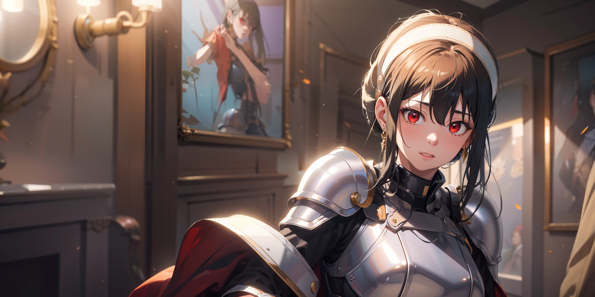 bbyorf, short hair with long locks, white hairband, red eyes, gold earrings, armor, 1girl, solo, shoulder_armor, breastplate, looking_at_viewer, light_particles, pauldrons, upper_body, indoors, blush, blurry, glow effects, godrays, Hand drawn, render, 8k, octane render, cinema 4d, blender, dark, atmospheric 4k ultra detailed, cinematic, Sharp focus, big depth of field, Masterpiece, colors, 3d octane render, 4k, concept art, trending on artstation, hyperrealistic, Vivid colors, extremely detailed CG unity 8k wallpaper, trending on CGSociety, Intricate, High Detail, dramatic,