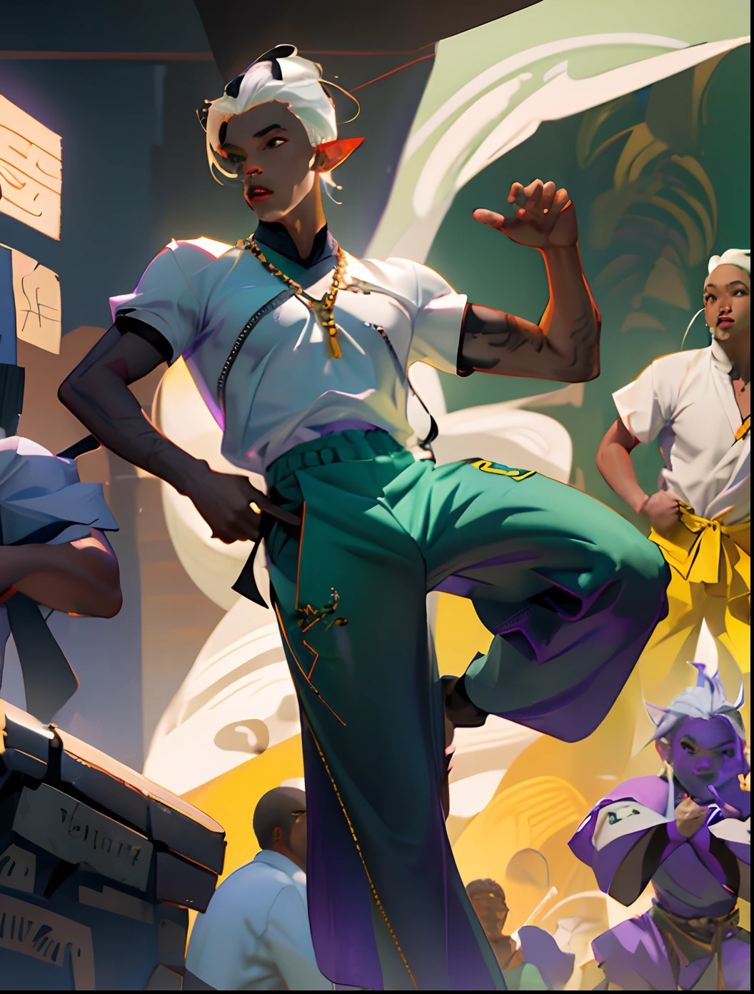 A gray and purple sling in front a little A black man African elf green and white hair sitting Smart face Happy shirt with eminem design pants and slipper Flying martial art master