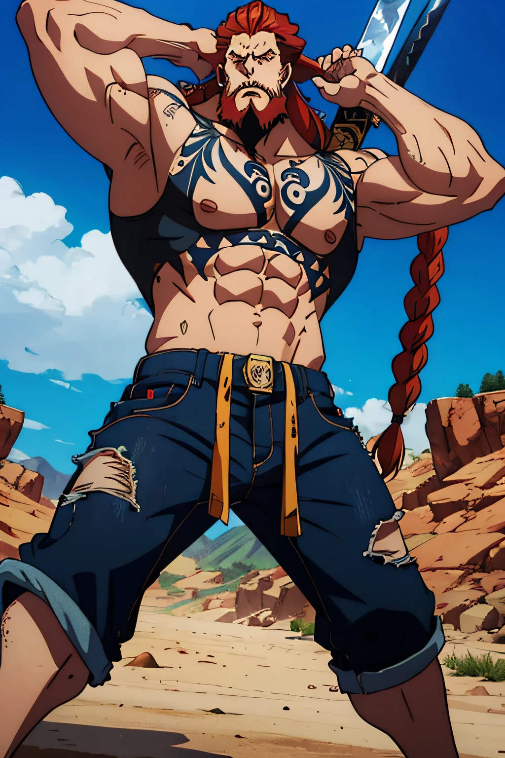 Giant very strong man with tattoos and no shirt, redhead with long beard and long hair with braids, a torn pants with a huge sword