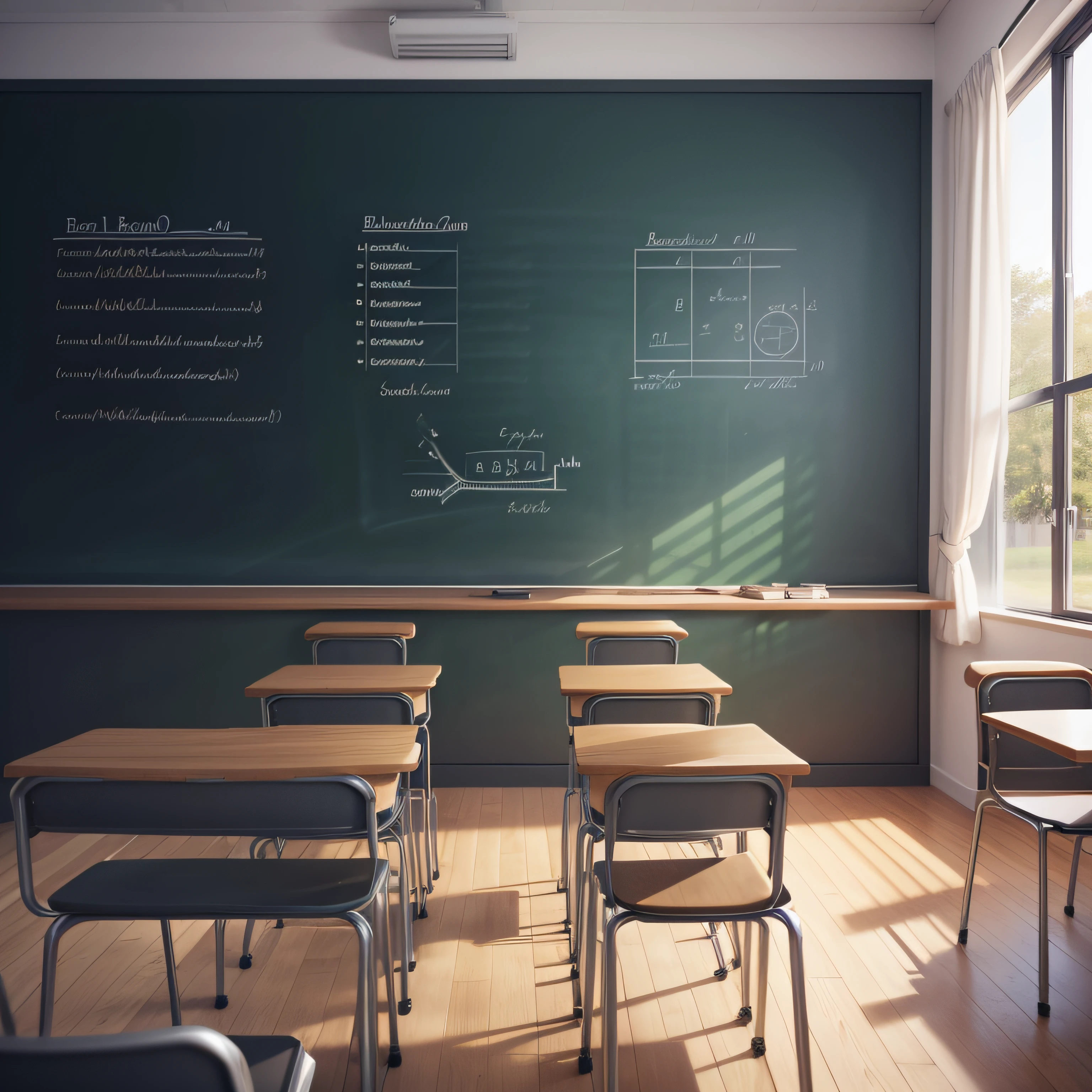 classroom with chairs and a blackboard with physics calculations in chalk in front of the wall, without students, front perspective, cartoon style