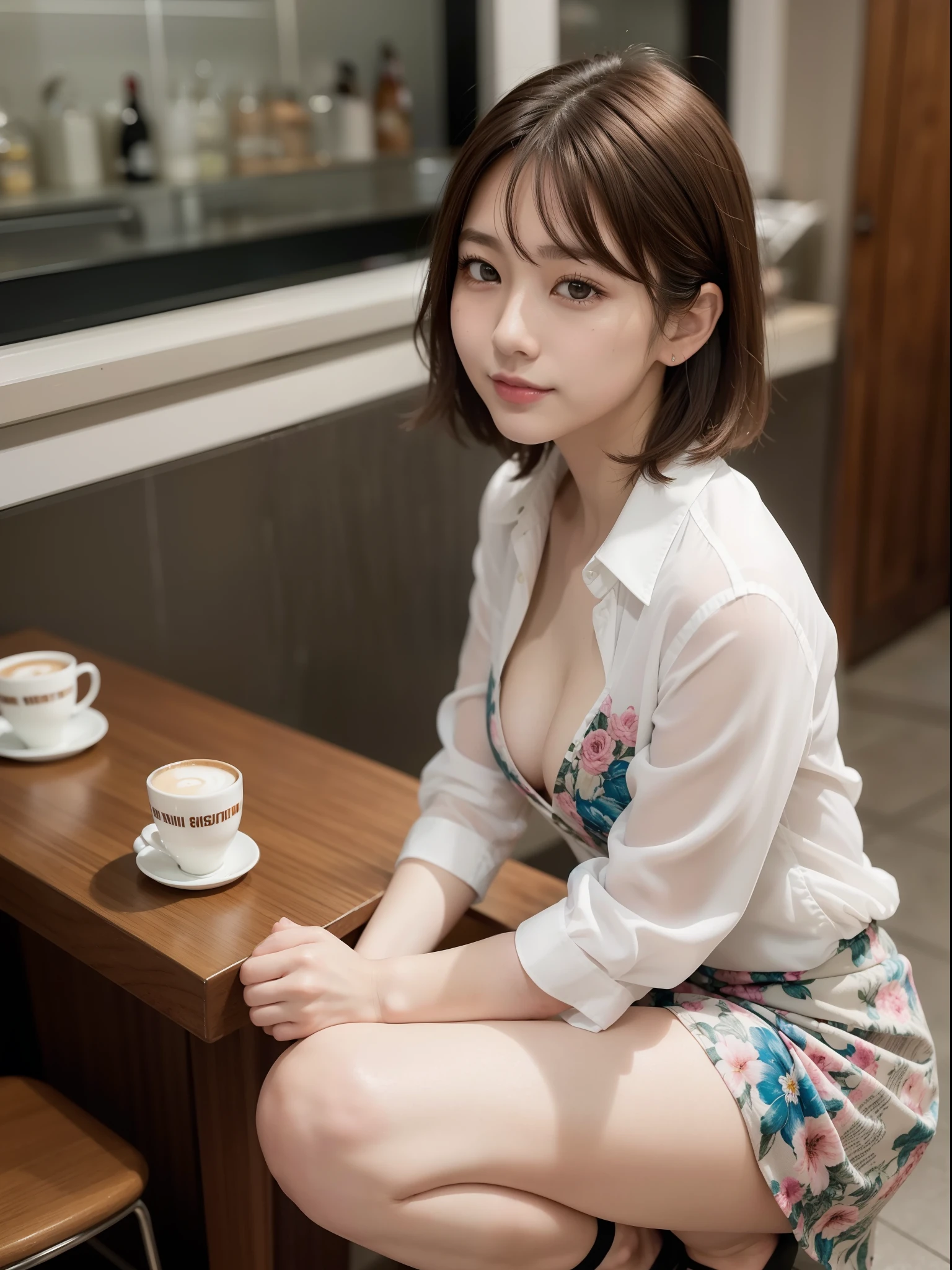 ((of the highest quality, 8K, masutepiece: 1.3, Raw photo)), Sharp Focus: 1.2, (1 AESPA Girl :1.1), Solo, (Realistic, Photorealistic: 1.37), (Face Focus: 1.1), Cute face, hyperdetailed face, (short messy hair: 1.2), Small Smile, Small breasts, flat chest, nude, (taking off her colorful chiffon shirt, Thigh: 1.2), squatting, cafe, bar, flower, lily