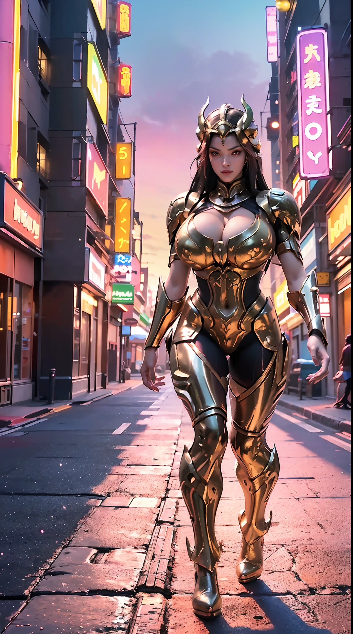 (dragon Queen Helm), (huge Fake Boobs:1.2), (street neon city), Rainbow Color Futuristic Phoenix Mecha Bodysuit, (cleavage), (skintight Yoga Pants), (high Heels), (perfect Body:1.2), (full Body View), (looking At Viewer), (walking Down:1.2), Sexy Muscular Body, (muscle Abs), Uhd, 8k, 1080p.