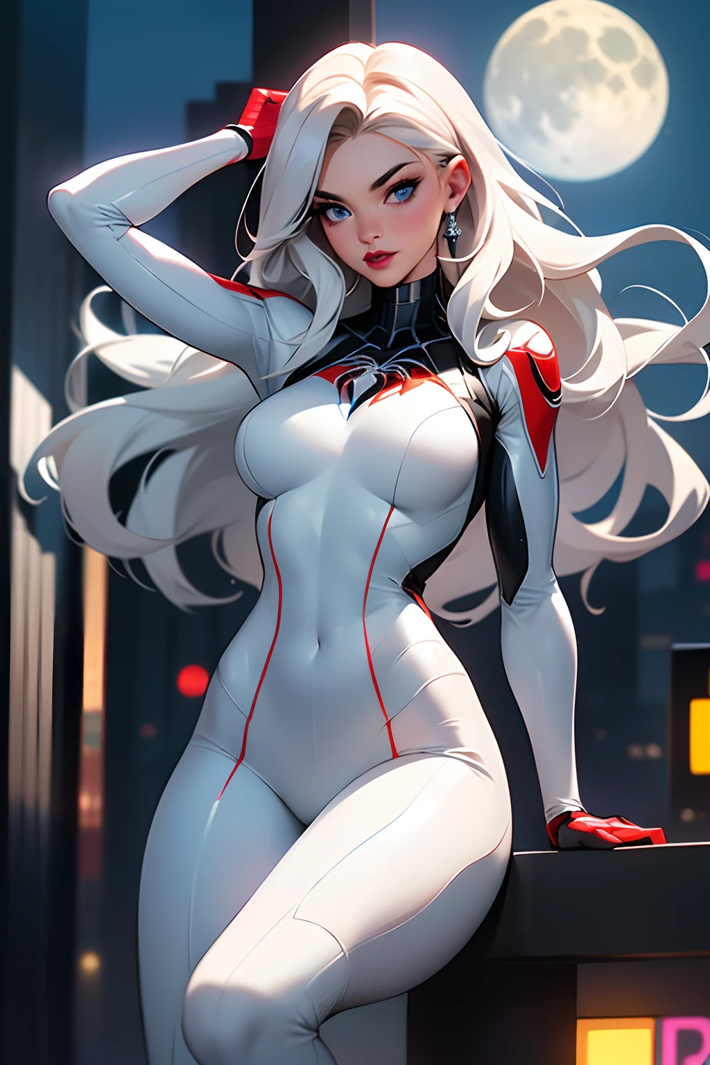 (Masterpiece, 4k resolution, ultra-realistic, very detailed), (White superhero theme, charismatic, there's a girl on top of town, wearing Spider-Man costume, she's a superhero), [ ((25 years), (long white hair:1.2), full body, (blue eyes:1.2), ((Spider-Man pose),show of strength, jumping from one building to another), ((sandy urban environment):0.8)| (cityscape, at night, dynamic lights), (full moon))] # Explanation: The Prompt mainly describes a 4K painting of ultra-high definition, very realistic, very detailed. It shows a superheroine at the top of the city, wearing a Spider-Man costume. The theme in the painting is a white superhero theme, the female protagonist has long white hair, is 25 years old and her entire body is shown in the painting. In terms of portraying the actions of superheroines, spiders are employed
