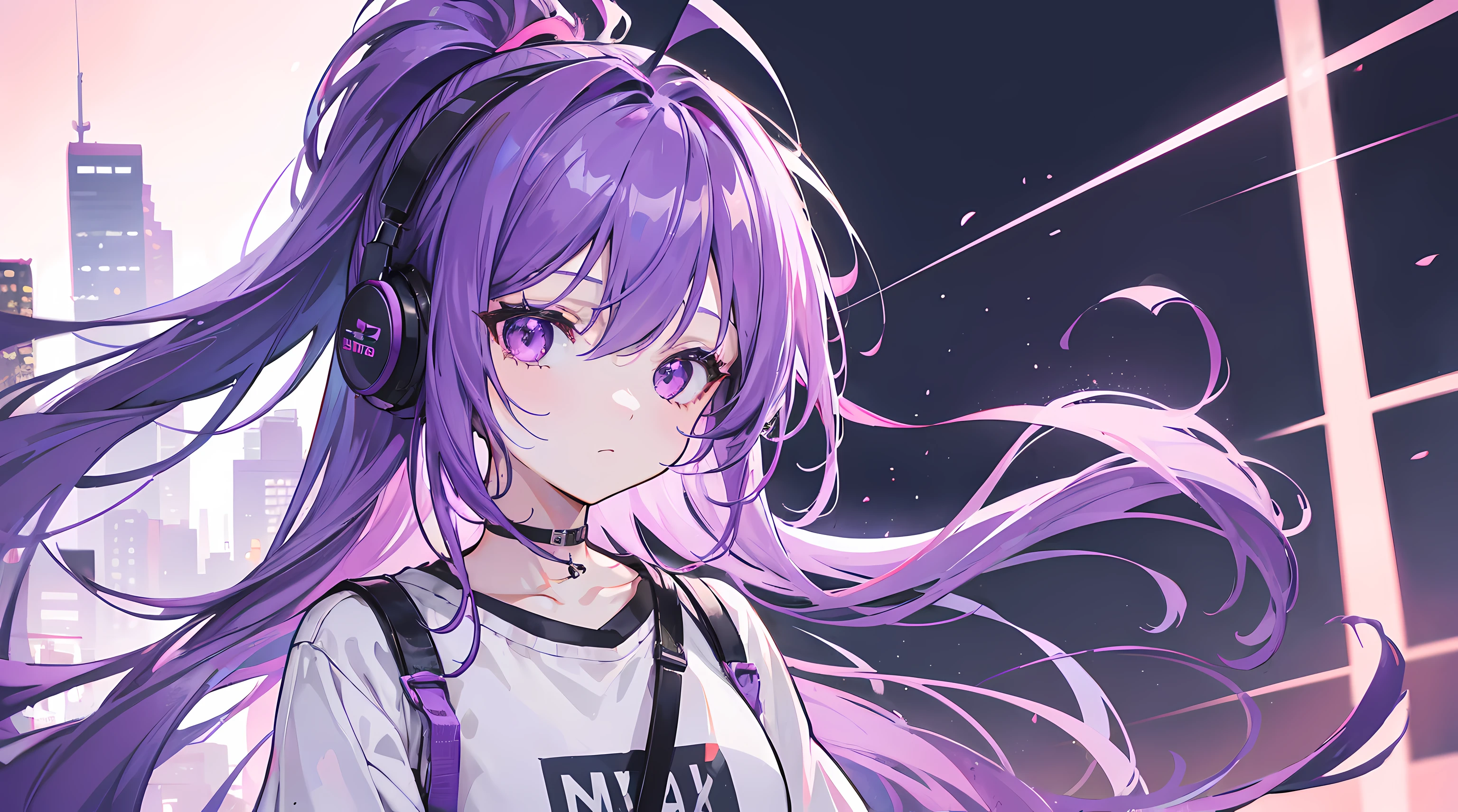 1girl, long lavender purple hair with ponytail, light red eyes, short slanted fringe, wearing cute shirt, wearing headphone, denim shorts, city, absurdres, high res, ultrasharp, 8K, masterpiece, looking at viewer