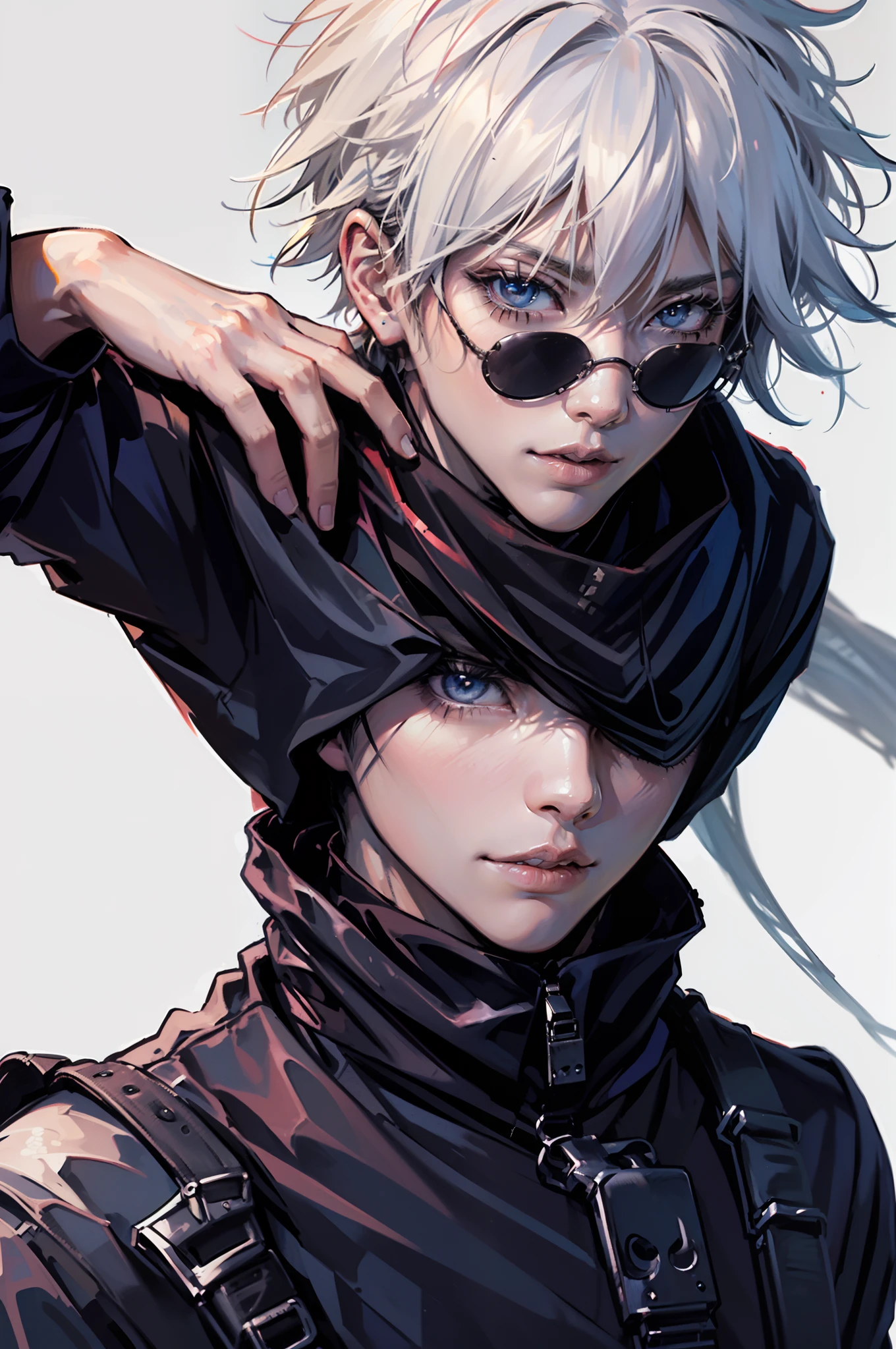 (absurdos, Altas Resoluciones, Ultra detallado, HDR), Obra maestra, nsfw, La mejor calidad, jujutsu kaisen, gojo satoru, 1hombre solamente en combate, guapo, pelo corto, cabello blanco, Ojos azules vibrantes, ojos finos y cara detalladas, (((Fuego, llamas, a su espalda)) Armadura, ((Arma intrincada)). Final Fantasy, abs, badass pose, Chico de anime con las manos agarrando su espada, pose de anime combatiendo, Anime hombre guapo, Personaje masculino de anime, Badass Anime 8K, Arte detallado del personaje de anime, Concepto de anime HDR Anime MacManus, Chico anime, Ikuto Yamashita, Anime CG arte suave, Fondo de pantalla de manga 4 k, inspirado por Yamagata Hiro, Wallaper de anime