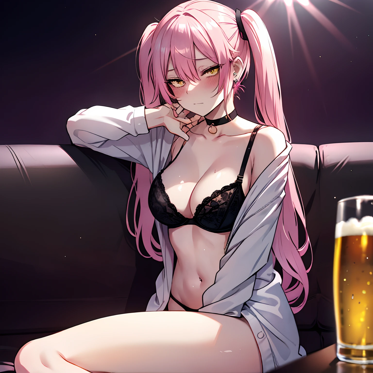 1 girl, yellow eyes, Twintails hair, long hair, pink hair, medium breast, medium ass, Bobby pins, choker, bored facial, earrings, black bra, black sexy panties, sitting on a sofa, lazy, relaxed, sleepy face, bored, drinking beer, blushing from drinking, drunk expression, blurred background, ultra detailed, 8K wallpaper, reflection light, ray tracing, realistic