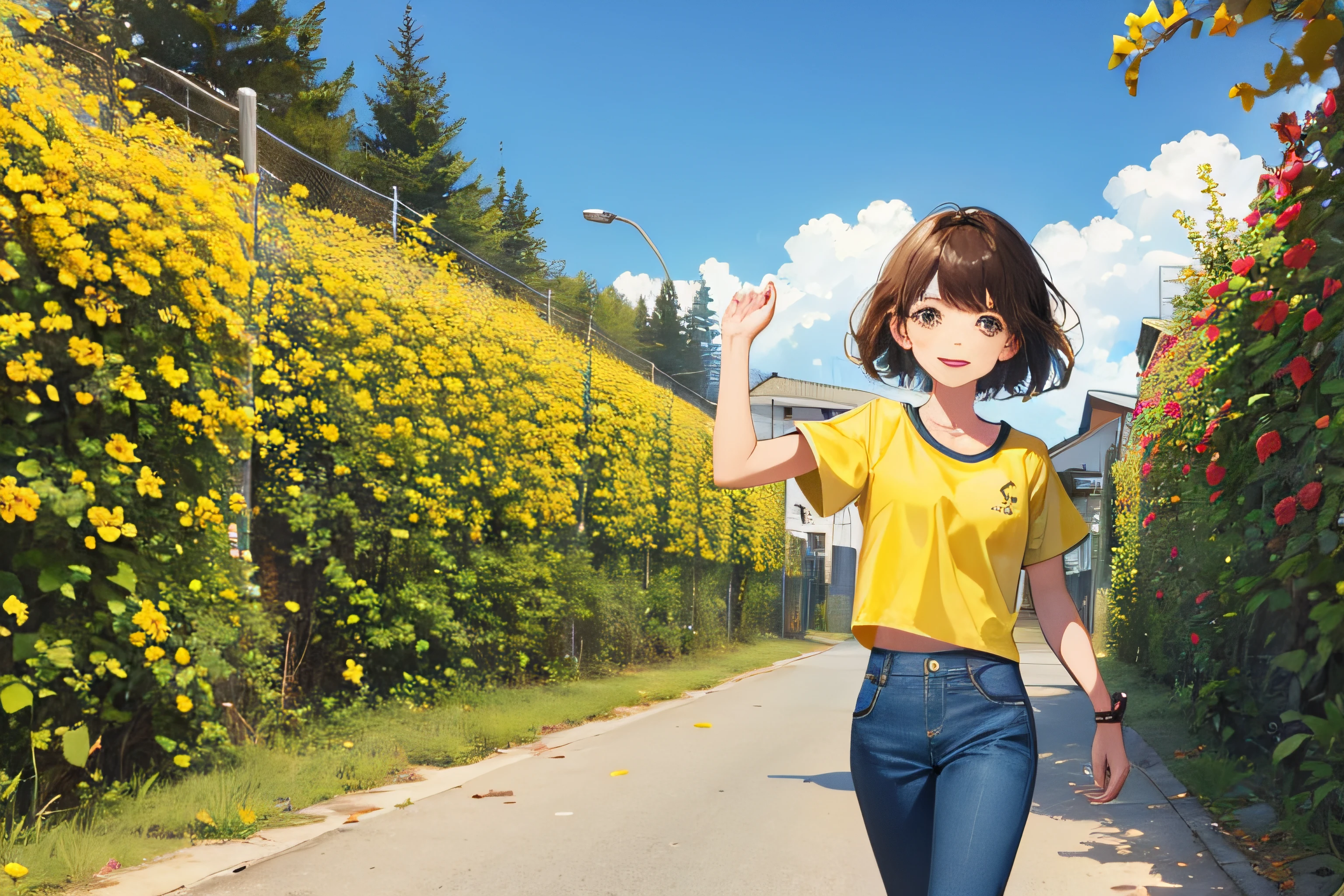 Floral landscape showing a caucasian happy student of about 10 years old with school uniform, yellow t-shirt and long blue pants