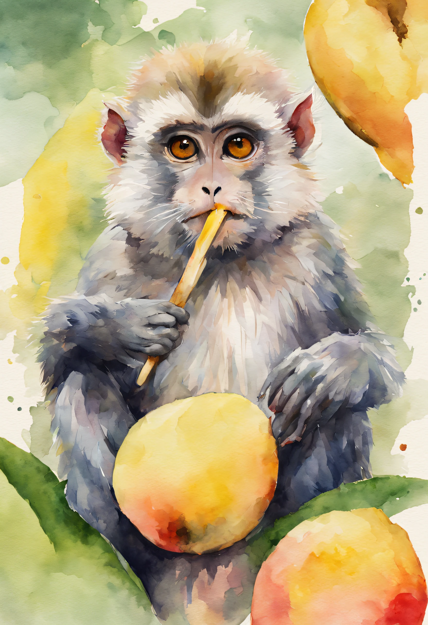 (((Bruno Amadio watercolor style))),(((following eyes effect))),((pastel light colors)),(((pas de bourree second movement))),(((The underneath view of ((( detailed ))) an angry golden snub-nose monkey eating a mango on a stick using a black t-shirt with the mexico flag, Provocative, in the style of watercolour, tetradic colors, 3D vector art, cute and quirky, fantasy art, watercolor effect, bokeh, hand-drawn, digital painting, low-poly, soft lighting, bird's-eye view, isometric style, retro aesthetic, focusedon the character, 8K resolution, photorealistic rendering, usingCinema 4D,highly detailed, professional light