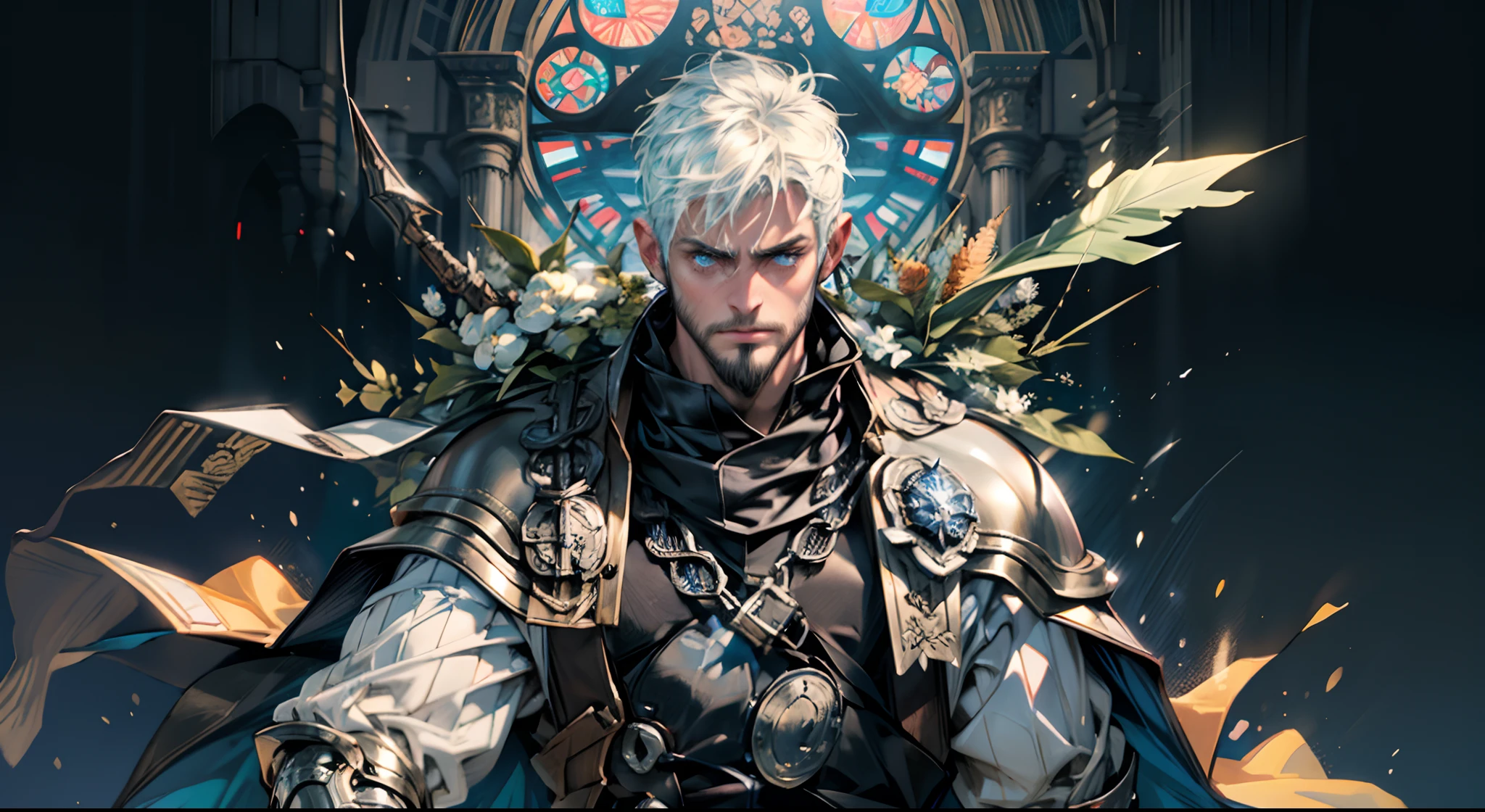 Highest quality, masterpiece, male, black super short hair, blue eyes, armor, cape, brightly colored, bright picture, paladin, muscular, short beard, mature, glowing particle special effects, church, national character face, tall, strong, rough face, falling feathers