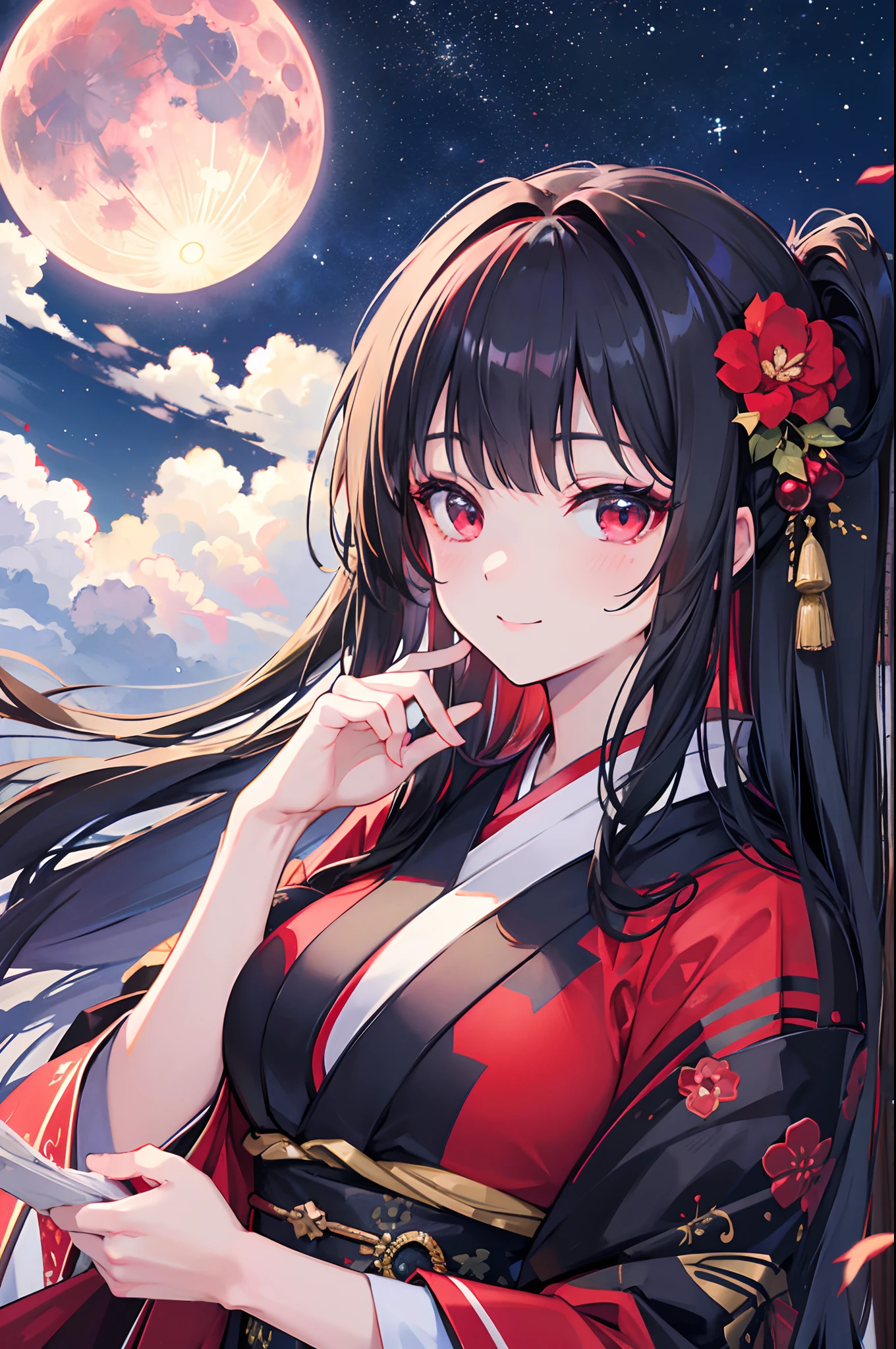 red eyes、A dark-haired、Kimono in tricolor color、18 only、natta、a moon、 A hyper-realistic, 8K, Extremely detailed, in the best quality,Avoluptuous breasts、cute smile face、A hyper-realistic, 8K, Extremely detailed, in the best quality,A Crystal clear luster、Shining stars、kosmos、nighttime scene、dye one's cheeks red、Background