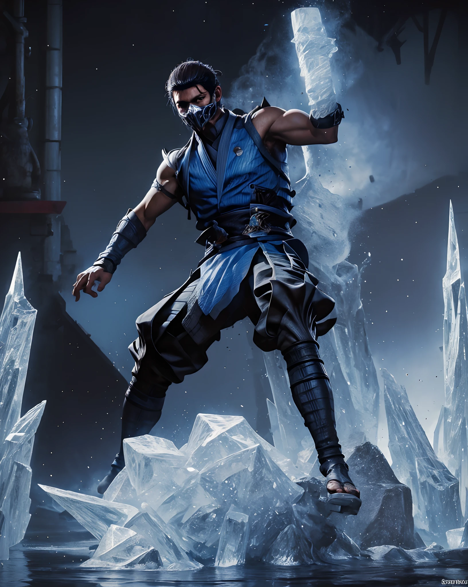 Grown-up guy, short black hair, high ponytail, Brown eyes, mask, blue shinobi kimono, Sleeveless, Sub-Zero, Cold, ice, blizzard, Battle-ax, Masterpiece, hiquality, 4k, HD, Good detail