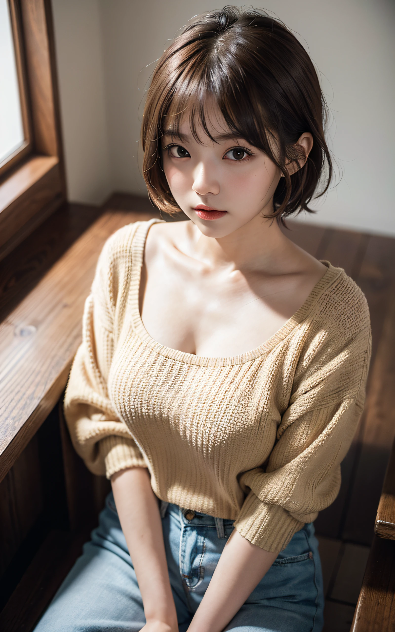 (masutepiece:1.3), (8K, Photorealistic, Raw photography, Best Quality: 1.4), Soft light, Professional Lighting, 1girl in,  ************, Cute, Neat and clean beauty, feeling in pain, Brown Short Hair, Bangs,