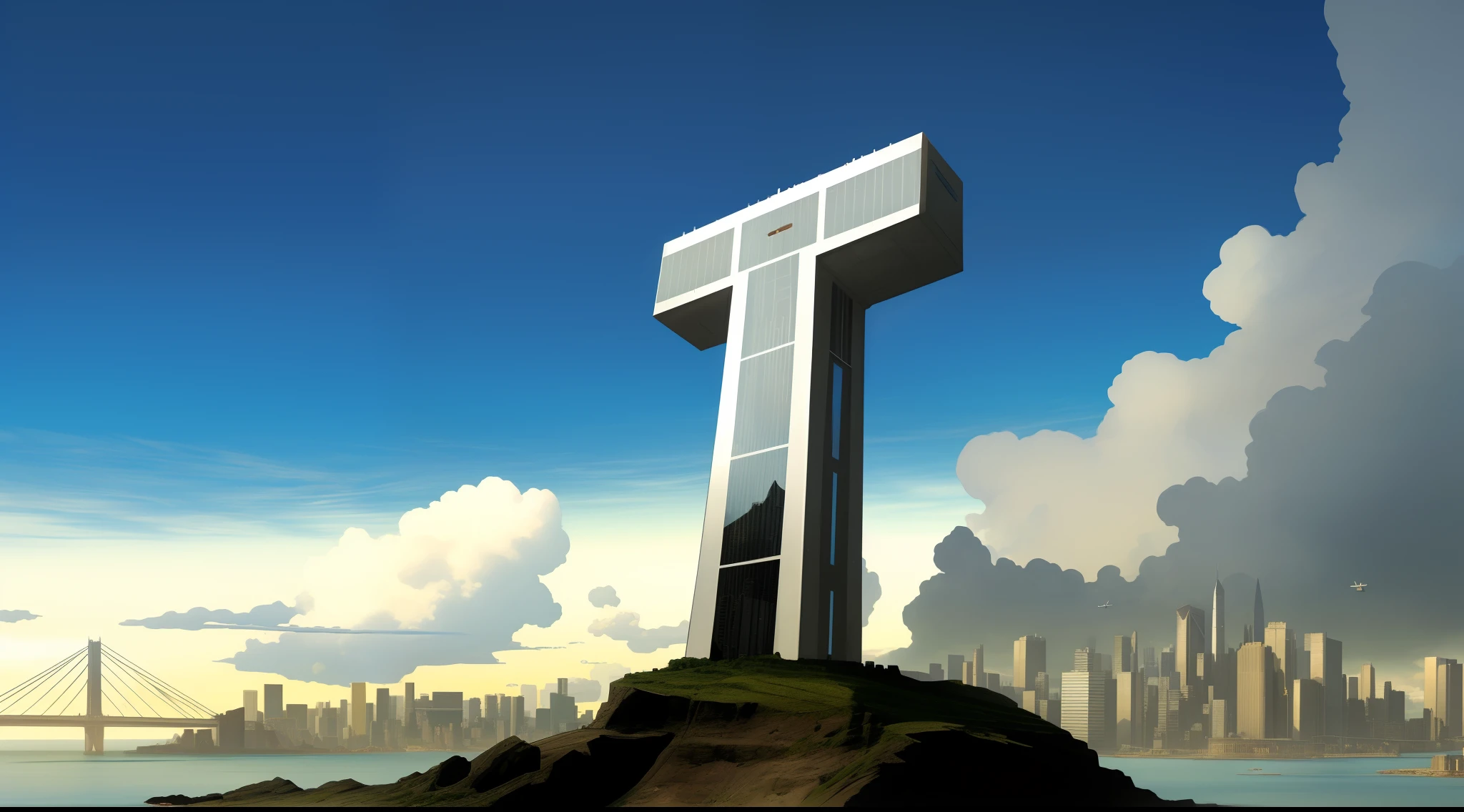 Teen Titans Tower, Metal and Glass Tower in the shape of a T. blue sky with detailed clouds. Ocean, there is a T shape Tower on a hill overlooking a city, cross, torri, towering over a city, inspired by Steve Dillon, cartoonish and simplistic, towering, cartoonish, sins inc skyscraper front, triumphant, totalitarian prison island, travis charest style, tower, background jet ground radio, transmetropolitan, monument, Masterpiece, best quality, (very detailed CG unified 8k wallpaper) (best quality), (best illustration), (best shade) --v6