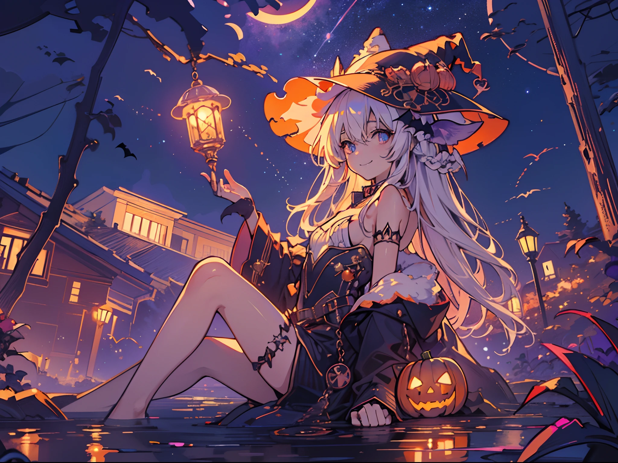 Masterpiece, fine detail, 4k, 8k, 12k, solo, solo, beautiful girl, white woman, cat ears, witch's hat, one piece, smile, city, girl who looks small, Europe, Halloween, honey, jack-o-lantern, 🎃 , bat, starry sky, night sky