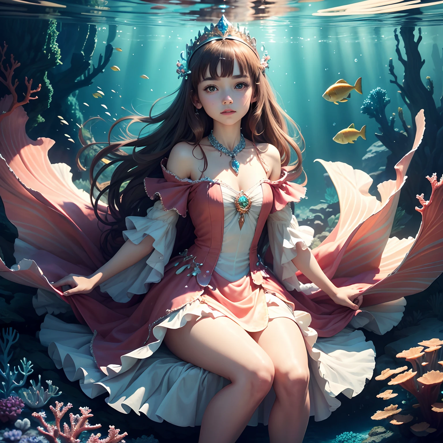 High detail CG,rich details,An underwater world in the sun,water bubbles,small fish swimming around,Dress normally,Princess dress,A crystal crown is worn on his head,Dragon Princess,Wear an exaggerated necklace,Brown hair long,The sun shines on the body,glowing white,The art of clocking in,Squat in the underwater world with your legs hugged,The corals