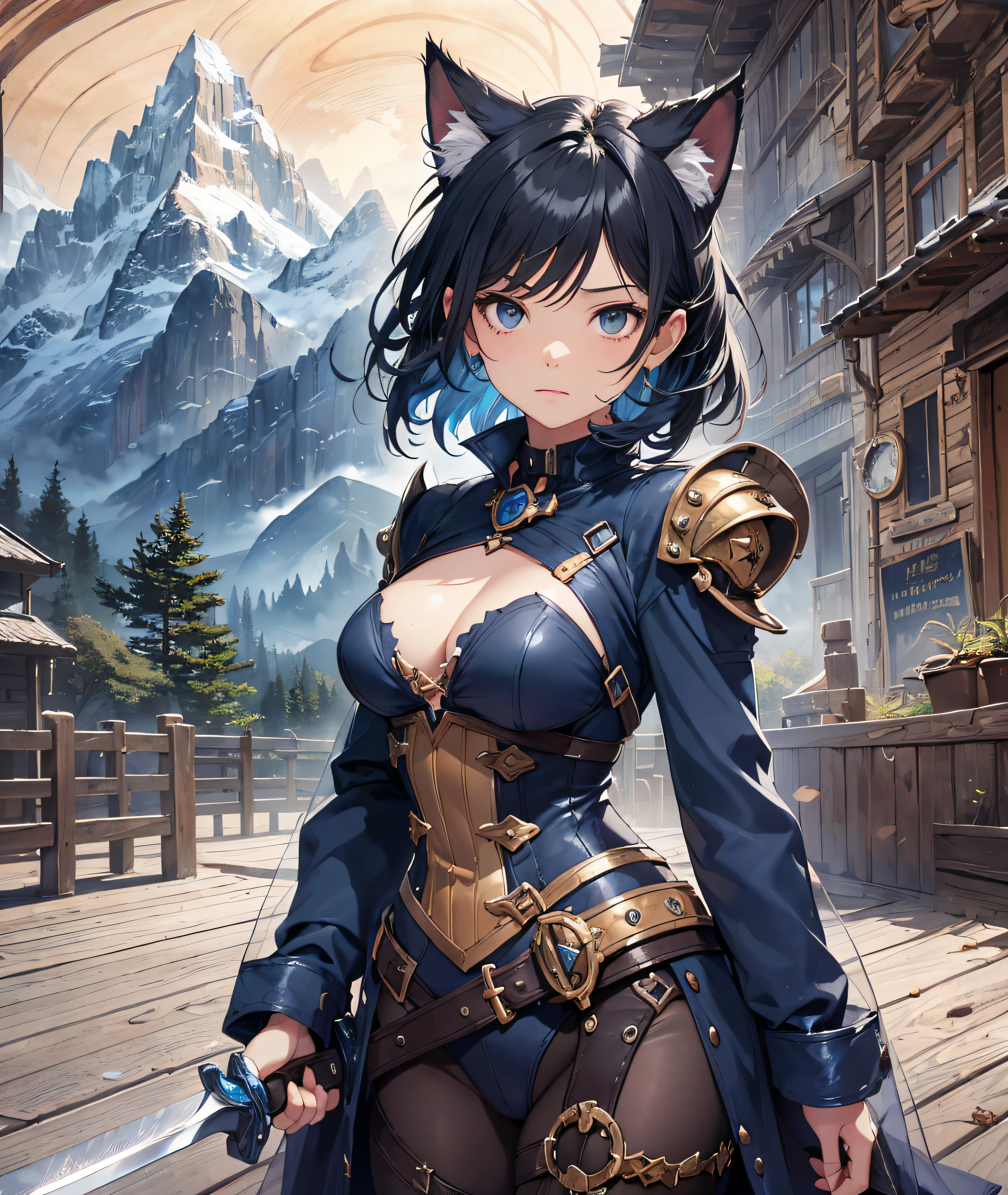 Beautiful detailed girl, Clear and beautiful, Character as the main point of view, radiant skin, girls, femele, young, 20yo, bobbed hair, Short Cut, short-hair, Beautiful detail glass hair, ((Wielding a big sword, Combat Posture)) ((Steampunk Iron Armor Costume, black, ashy)) Beautiful details, cold face, cold expression, beautiful-detailed eyes, Black eyes, Moderate chest, Black-eyed, Full-fledged skin texture, Very good 8KCG wallpapers, very fine 8K CG wallpaper, watercolor (medium), female warrior, Indigo hair, (((Full-body cut))), Cat's ears pink, Long knives, Big knife, Traditional sword, Wielding, Attacking Posture, Levitation, (((s whole body))), Show your whole body, (((dark, Dark Night, Deep Night))) ((Sky color: dark blue)) (((Natural Background, mountains, wood))), ((plein air))