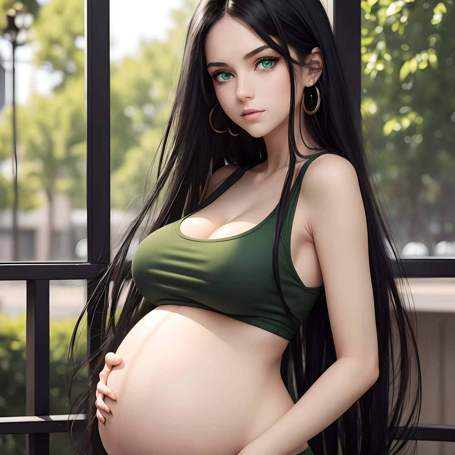 (1girl),(masterpiece), (work of art), (amazing work), (detailed eyes), (green  eyes),(multicolored), (long black hair), (sparkling eyes), (1girl),),best quality, full body, expressive eyes, perfect face,green tank top, skinny jeans, large breasts , pregnant, heavily pregnant