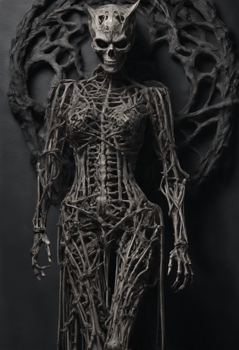 statue of Catwoman angel made of twisted bones and skeletons, full body, hyper realistic, intricate, central, symmetrical --v 4