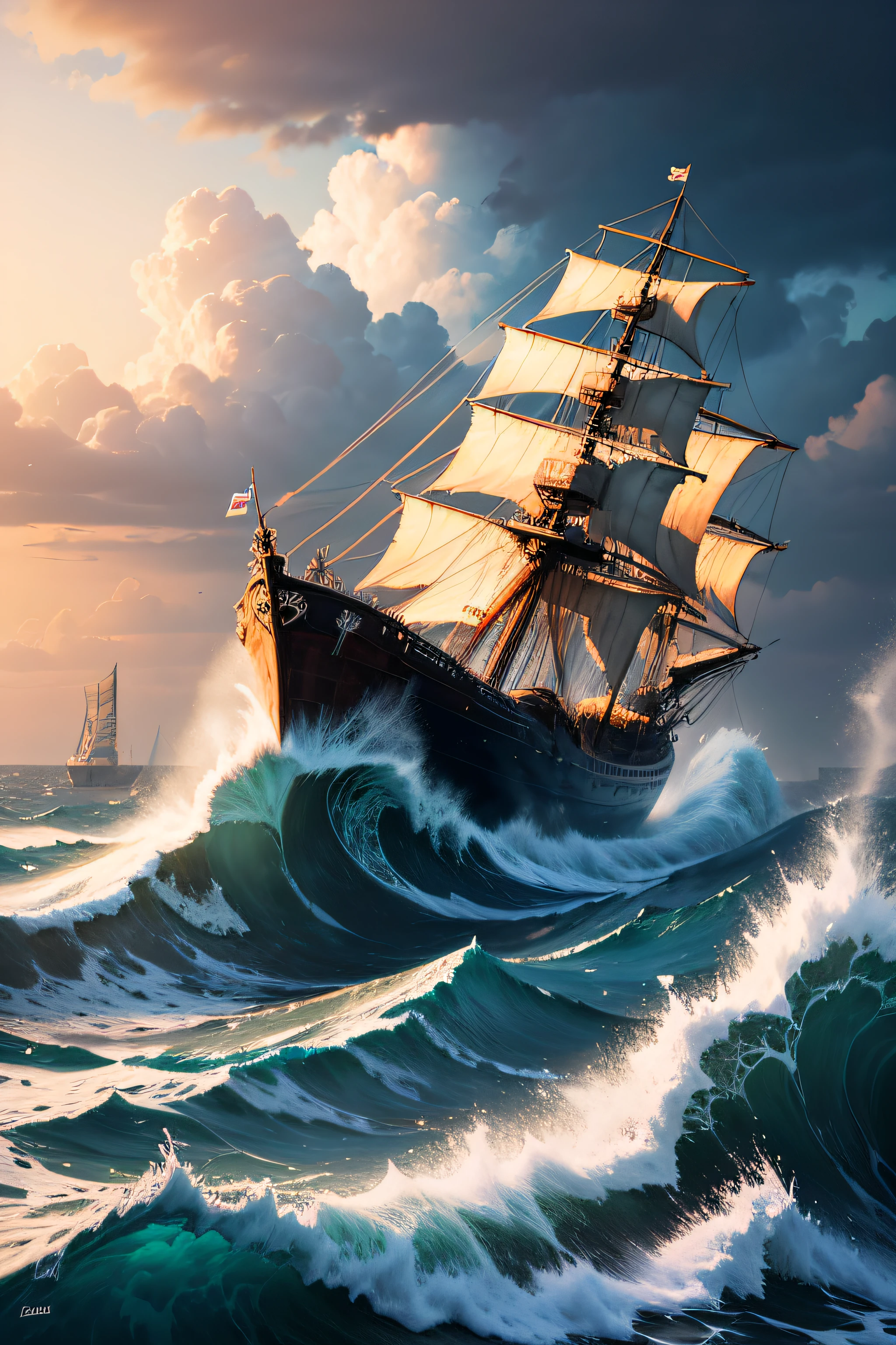 Ship，Dilapidated pirate ships，big sea waves，Domineering，Shocking picture，a pirate