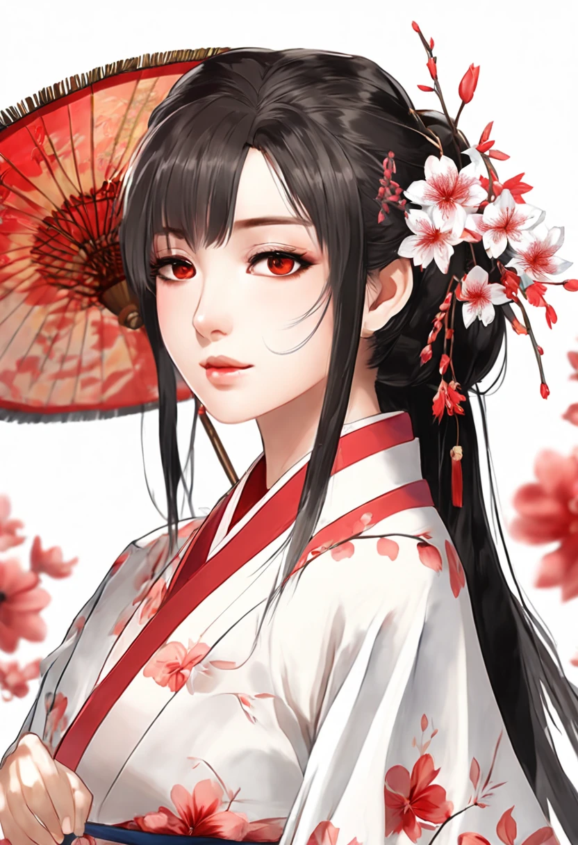 (A masterpiece:1.2, of the best quality), (exquisite eyes: 1.2), ((1女孩)), ((独奏)), (Red eyes:1.4), (exquisite eyes and exquisite face:1.3), ( beautiful and clear background: 1.2), (extremely detailed CG, Super detailed, best shadow: 1.1), ((Depth-Of-Field)), ((watercolor)), (oni: 1.5), (in kimono: 1.3), big boobs , Bare shoulders, Flowers and Petals, Beautiful Concept Art, (white back ground: 0.5), (illustrations: 1.1), (Extremely Delicate: 1.1), (Perfect Details: 1.1), Profile, cowboyshot,