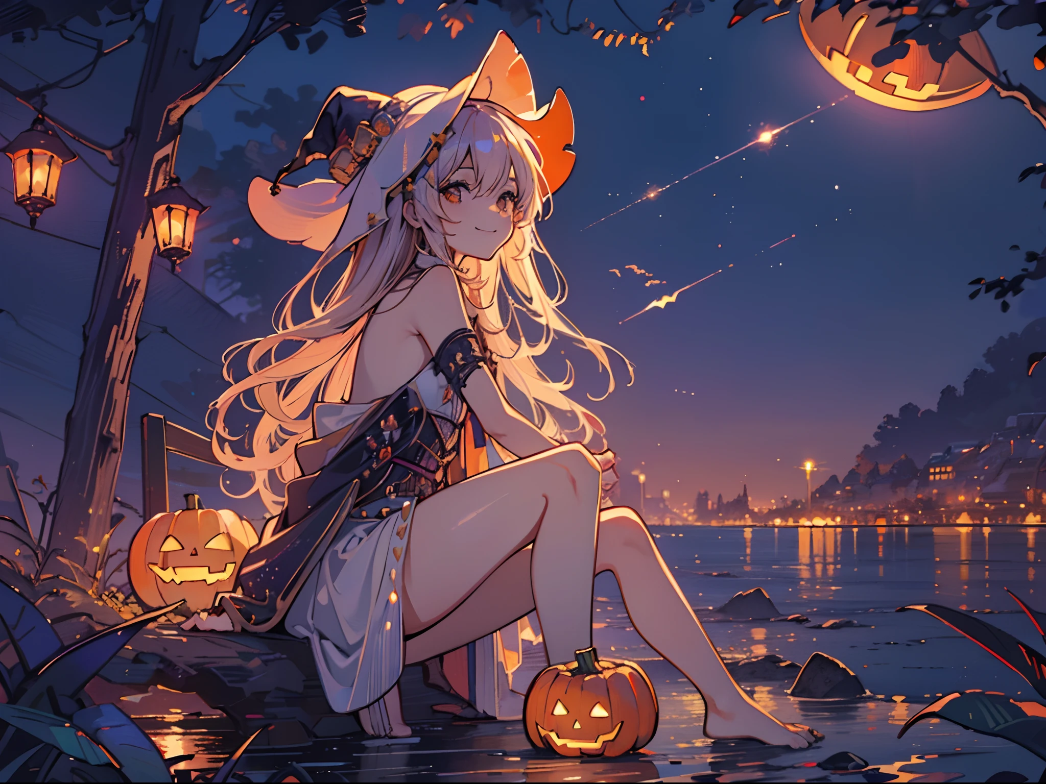 Masterpiece, fine detail, 4k, 8k, 12k, solo, solo, beautiful girl, white woman, cat ears, witch's hat, one piece, smile, city, girl who looks small, Europe, Halloween, honey, jack-o-lantern, 🎃 , bat, starry sky, night sky