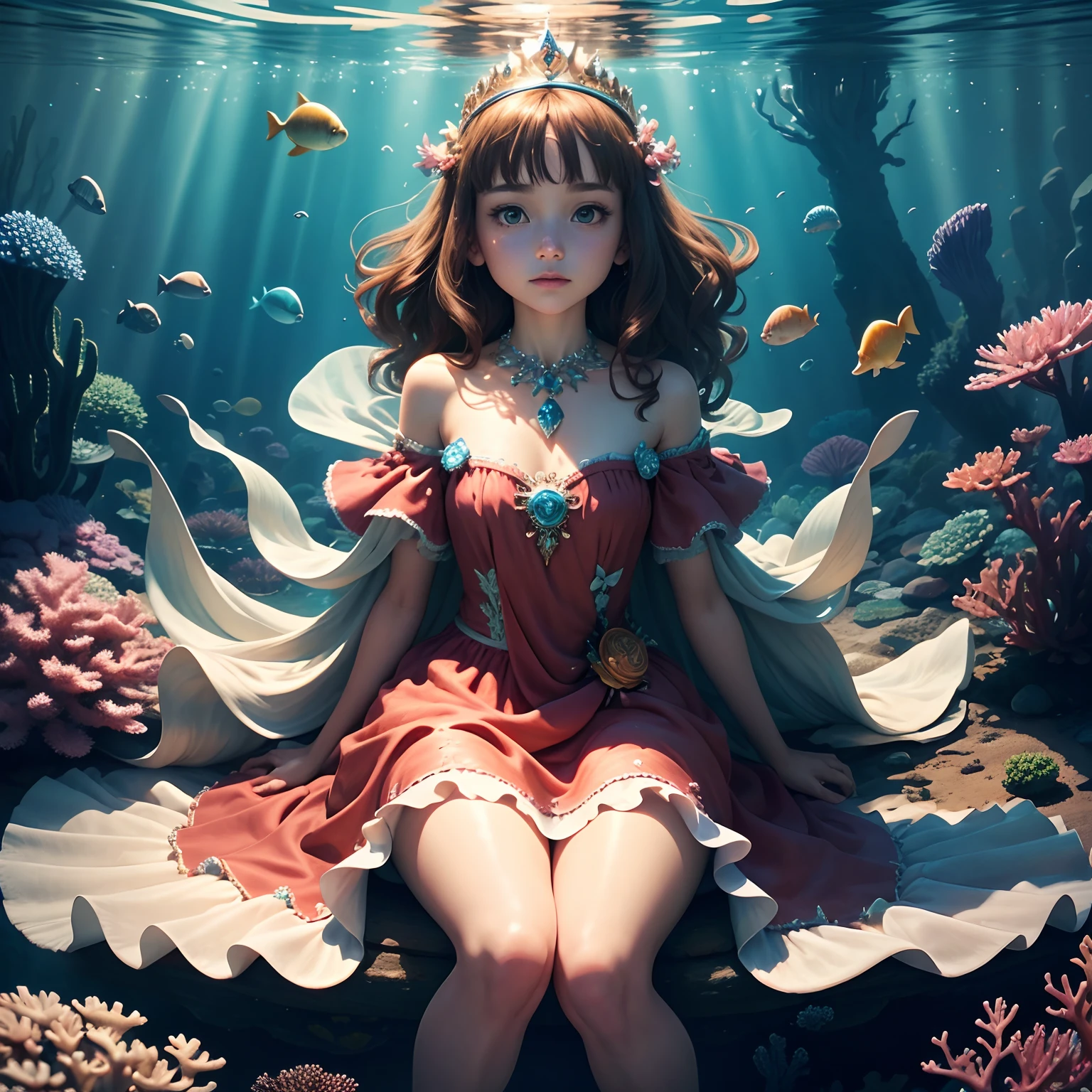 High detail CG,rich details,An underwater world in the sun,water bubbles,small fish swimming around,Dress normally,Princess dress,A crystal crown is worn on his head,Dragon Princess,Wear an exaggerated necklace,Brown hair long,The sun shines on the body,glowing white,The art of clocking in,Sit in the underwater world,The corals