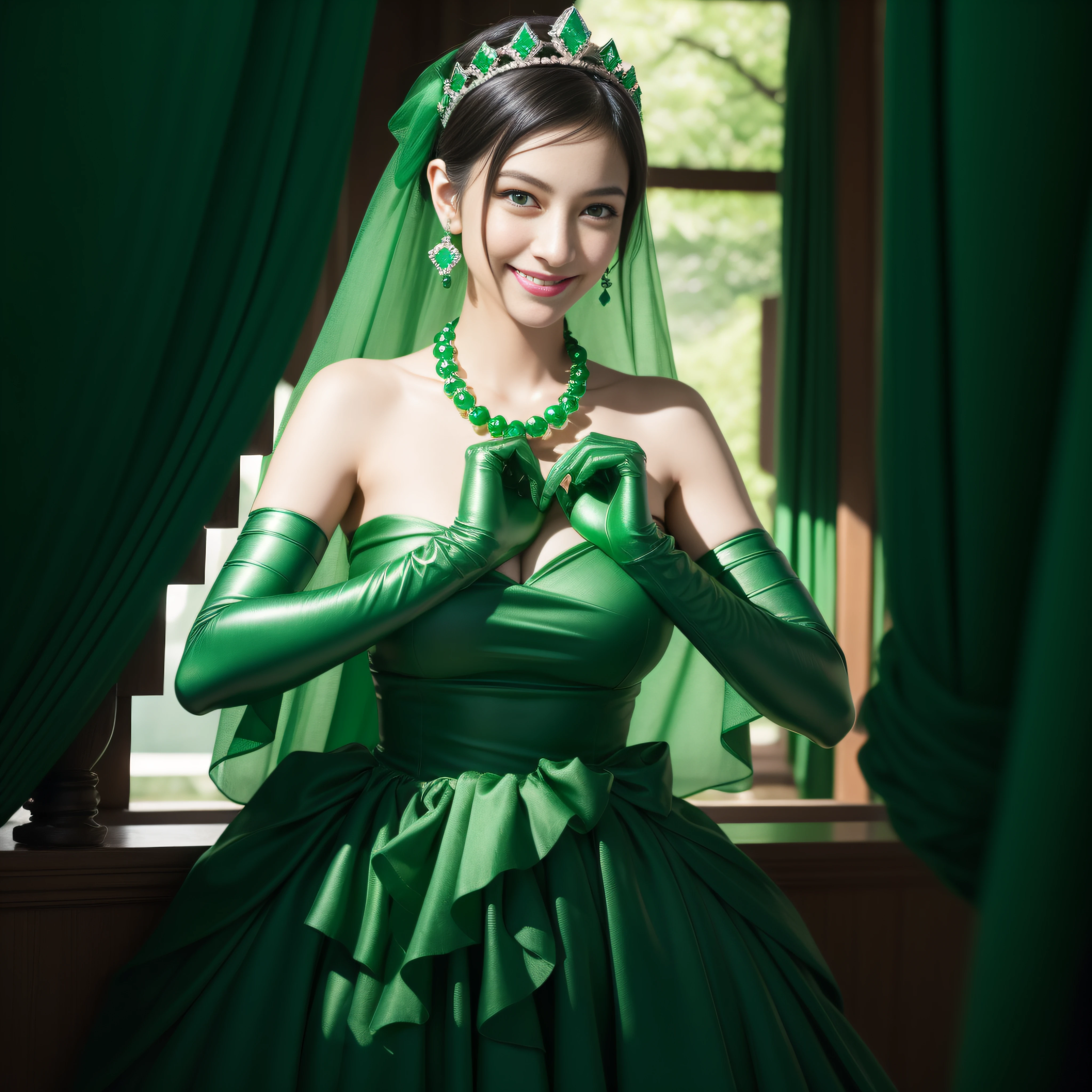 emerald tiara, green pearl necklace, boyish very short green hair, green lips, smiling Japanese woman, very short hair, Beautiful woman with big breasts, green eyes, green satin long gloves, green eyes, emerald earrings, green veil, Heart with both hands, green hair, beautiful japanese woman, heart shaped hands:1.3, green lip gloss