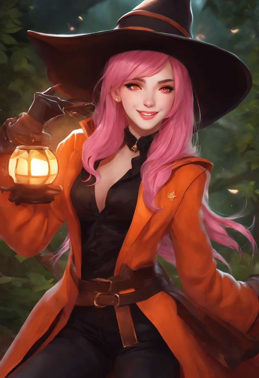 pink haired witch, red eyes, , orange coat, black shirt, black pants, orange leather witch hat, book and wand in hand, smile on face. orange gloves, anime, nude