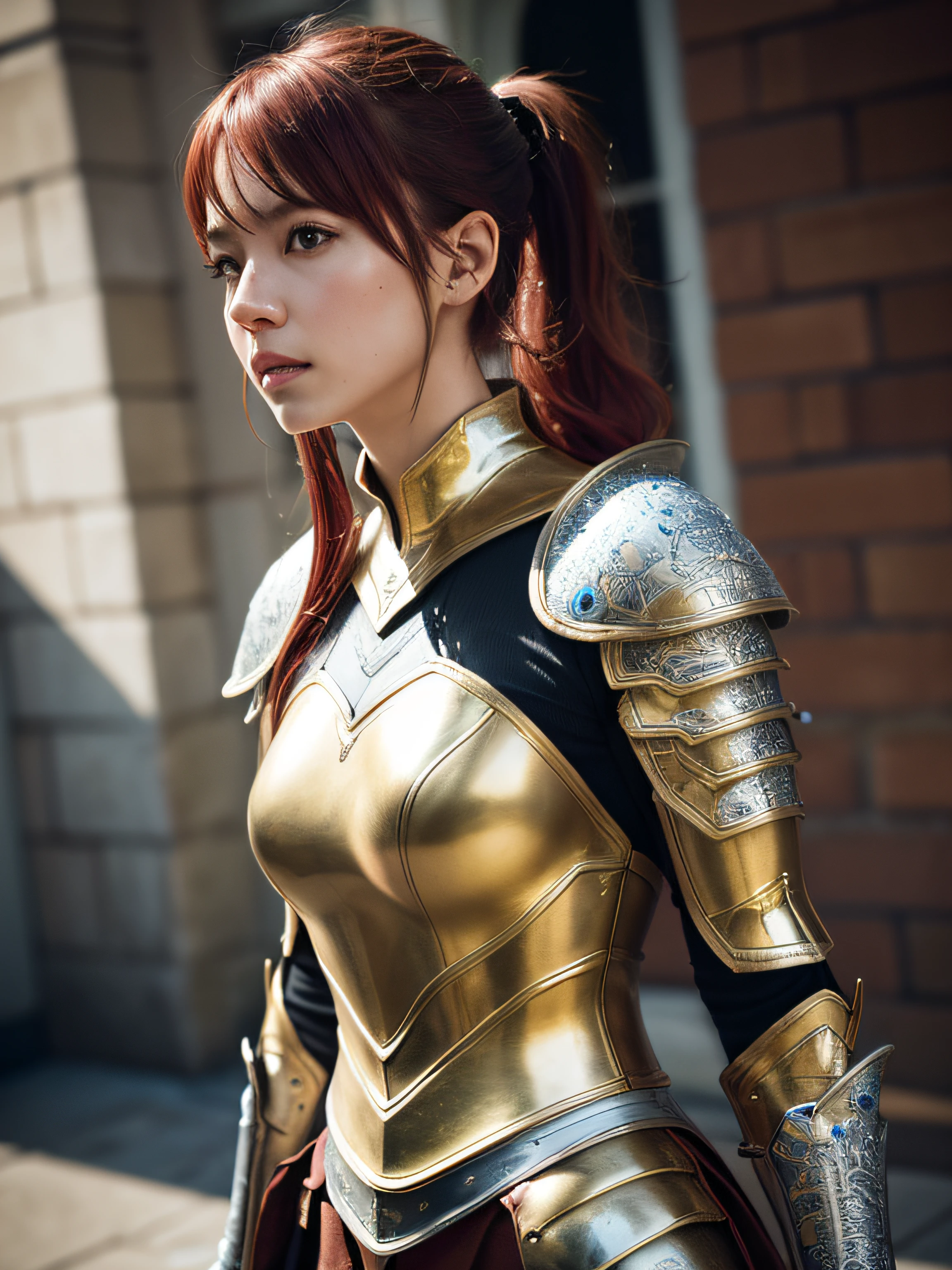 (8K, Raw photo, Best Quality, masutepiece:1.2), (Realistic, Photorealsitic:1.4), (Highly detailed CG Unity 8K wallpaper), full bodyesbian (lotr:1.1) Woman in Gold (leather armor:1.3), Worn armor, (Insanely detailed:1.5), Gold and (white:1.5), concept art portrait by greg rutkowski, ArtGerm, Ultra-detailed, complex and detailed gothic art trending at art stations, Fantastical, intricate detailes, (Small blue highlights:1), (redhair, Wavy Hair, High Ponytail: 1.4)