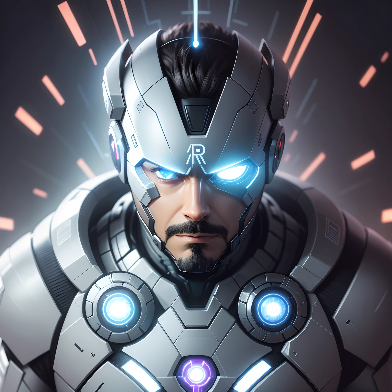 Artificial intelligence with neural rays coming out of the surreal mind character Tony Stark for an eBook cover with impactful personalized ultra detailed brain details