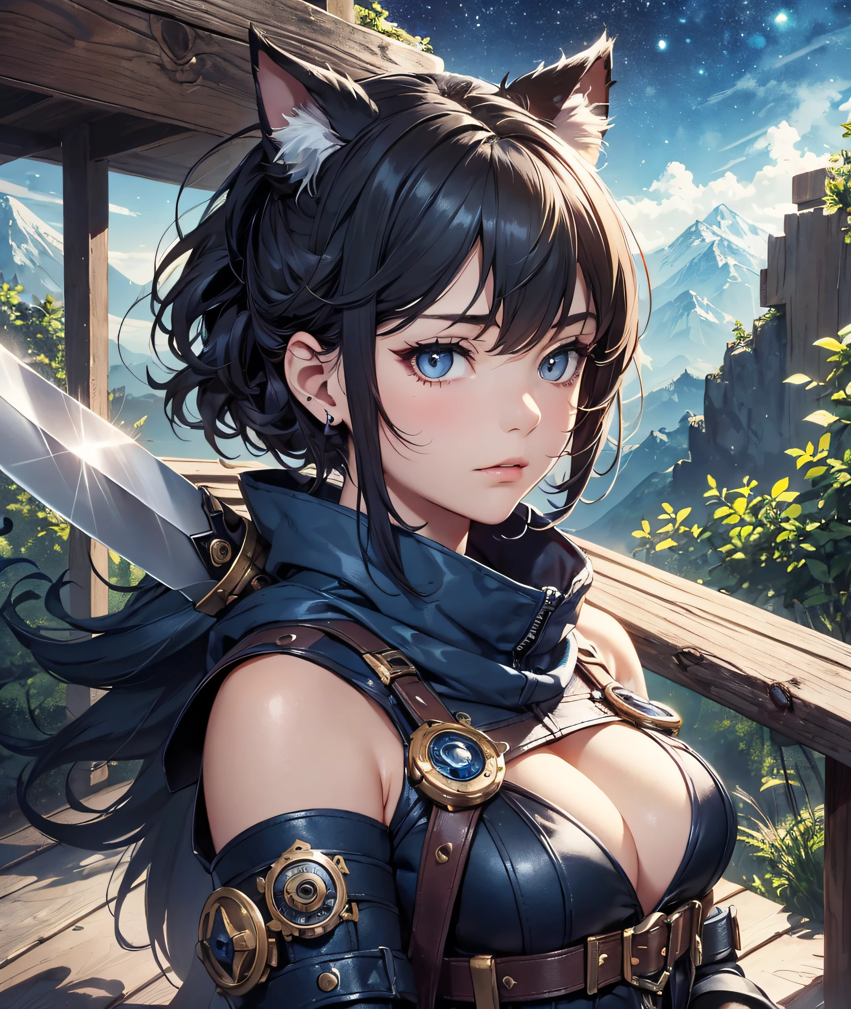 Beautiful detailed girl, Clear and beautiful, Character as the main point of view, radiant skin, girls, femele, young, 20yo, bobbed hair, Short Cut, short-hair, Beautiful detail glass hair, ((Wielding a big sword, Combat Posture)) ((Steampunk Iron Armor Costume, black, ashy)) Beautiful details, cold face, cold expression, beautiful-detailed eyes, Black eyes, Moderate chest, Black-eyed, Full-fledged skin texture, Very good 8KCG wallpapers, very fine 8K CG wallpaper, watercolor (medium), female warrior, Indigo hair, (((Full-body cut))), Cat's ears pink, Long knives, Big knife, Traditional sword, Wielding, Attacking Posture, Levitation, (((s whole body))), Show your whole body, (((dark, Dark Night, Deep Night))) ((Sky color: dark blue)) (((Natural Background, mountains, wood))), ((plein air))