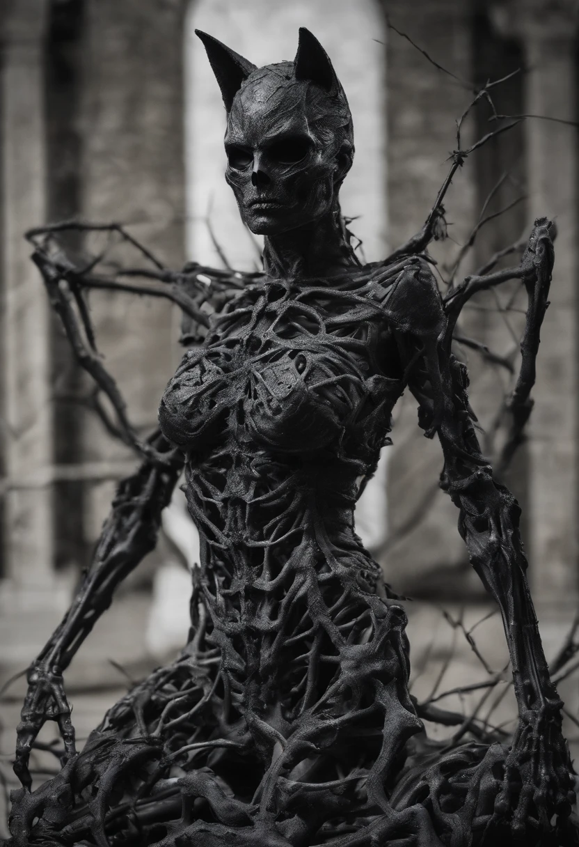 statue of Catwoman angel made of twisted bones and skeletons, full body, hyper realistic, intricate, central, symmetrical --v 4