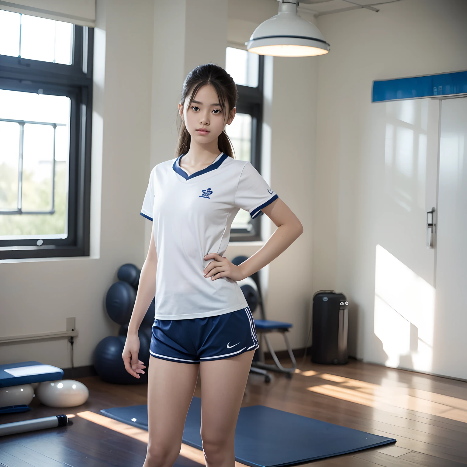 Junior high school student playing frisbee in white shirt and navy blue shorts, fully body photo, fit pic, wearing a gym uniform, Sweating, Active, Fit, indoor picture, Wearing a volleyball jersey, middle shot waist up, standing in class, put hands on the hip, girl wearing school uniform, In the school gymnasium, portrait full body, White gym clothes, Person in the foreground
